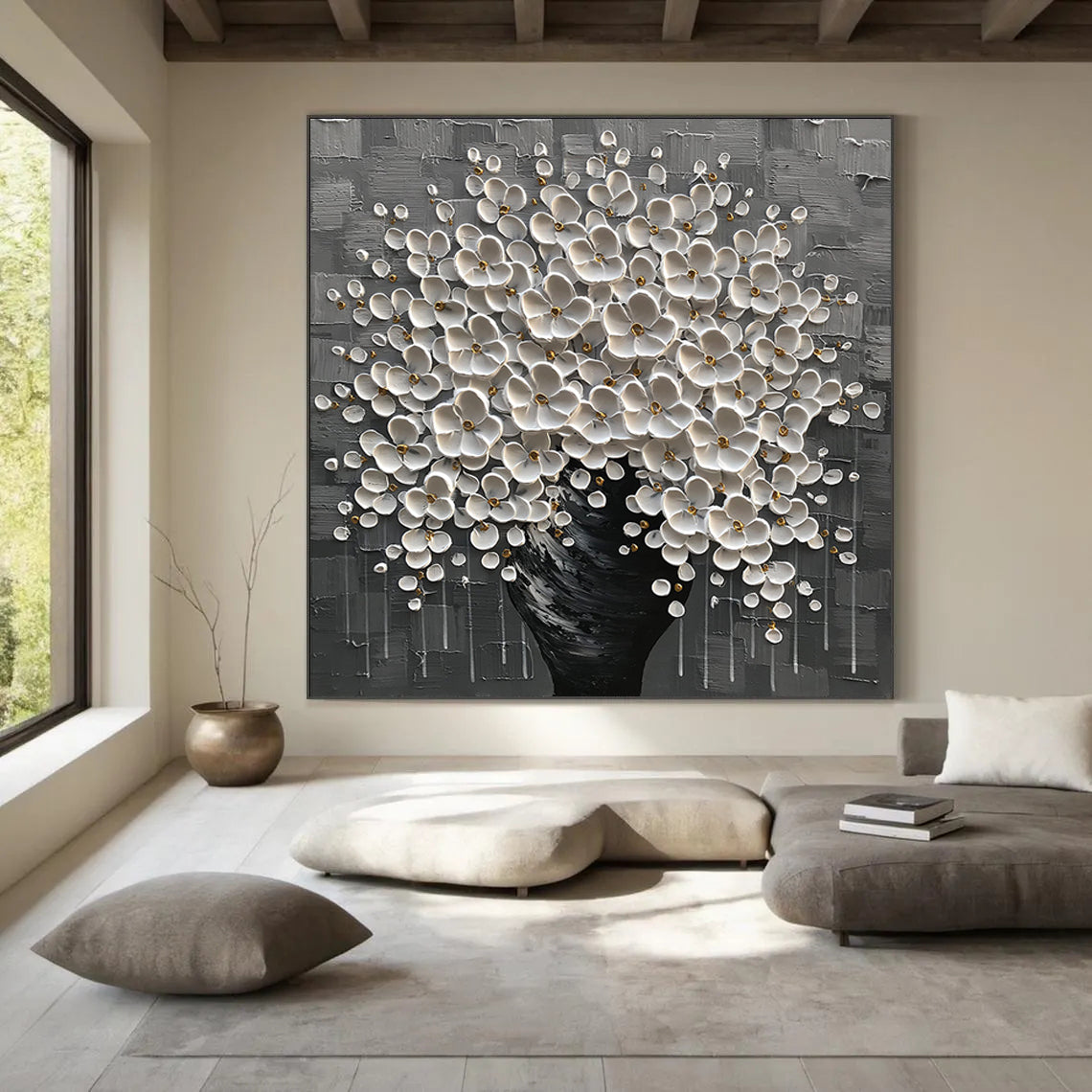 Silver Bloom – Luxury Monochrome Tree Relief Floral Painting | Minimalist Botanical Bedroom & Living Room Art