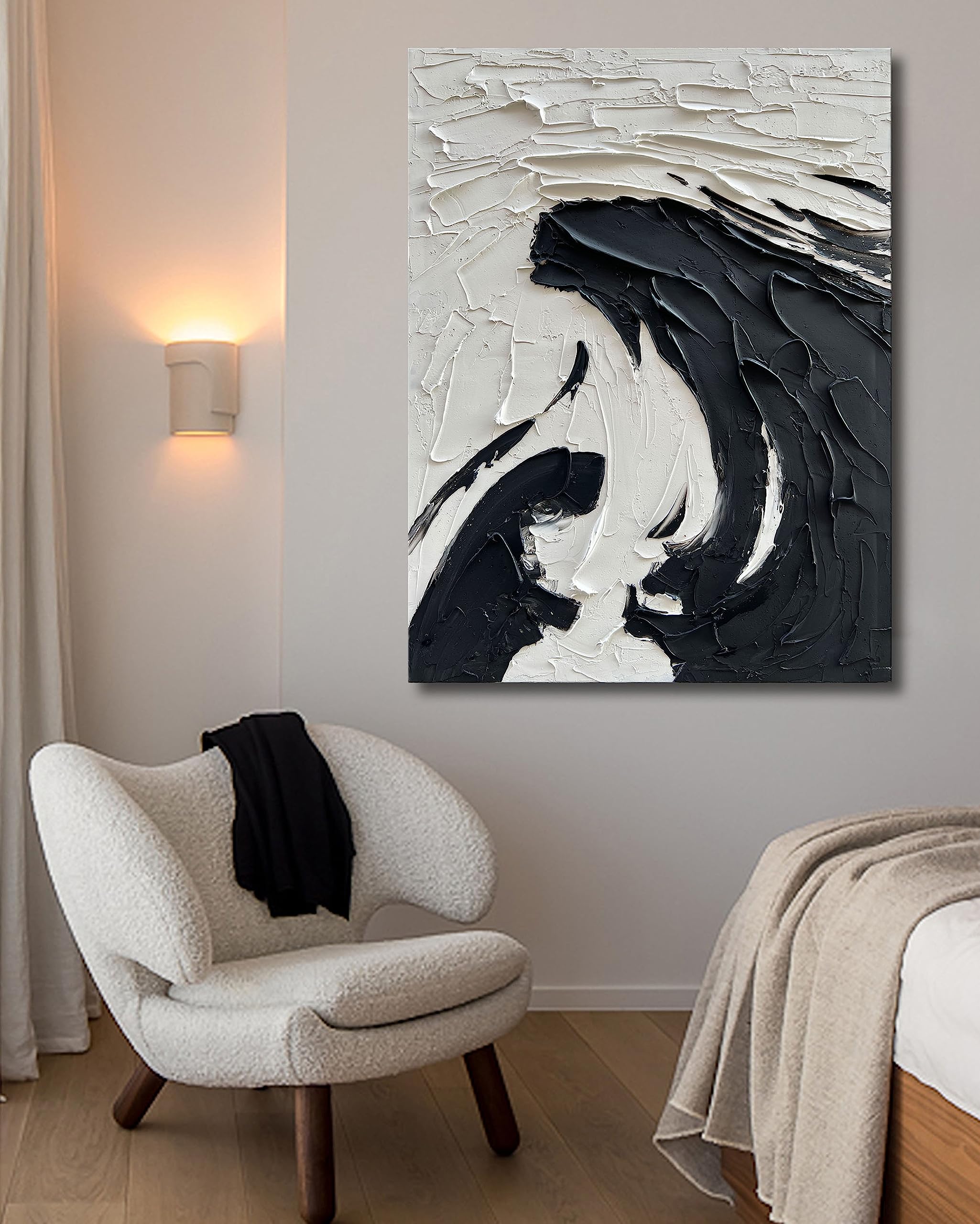Noir Swirl – Black and White Plaster Relief Abstract Painting | Industrial Abstract Home Office & Living Room Art