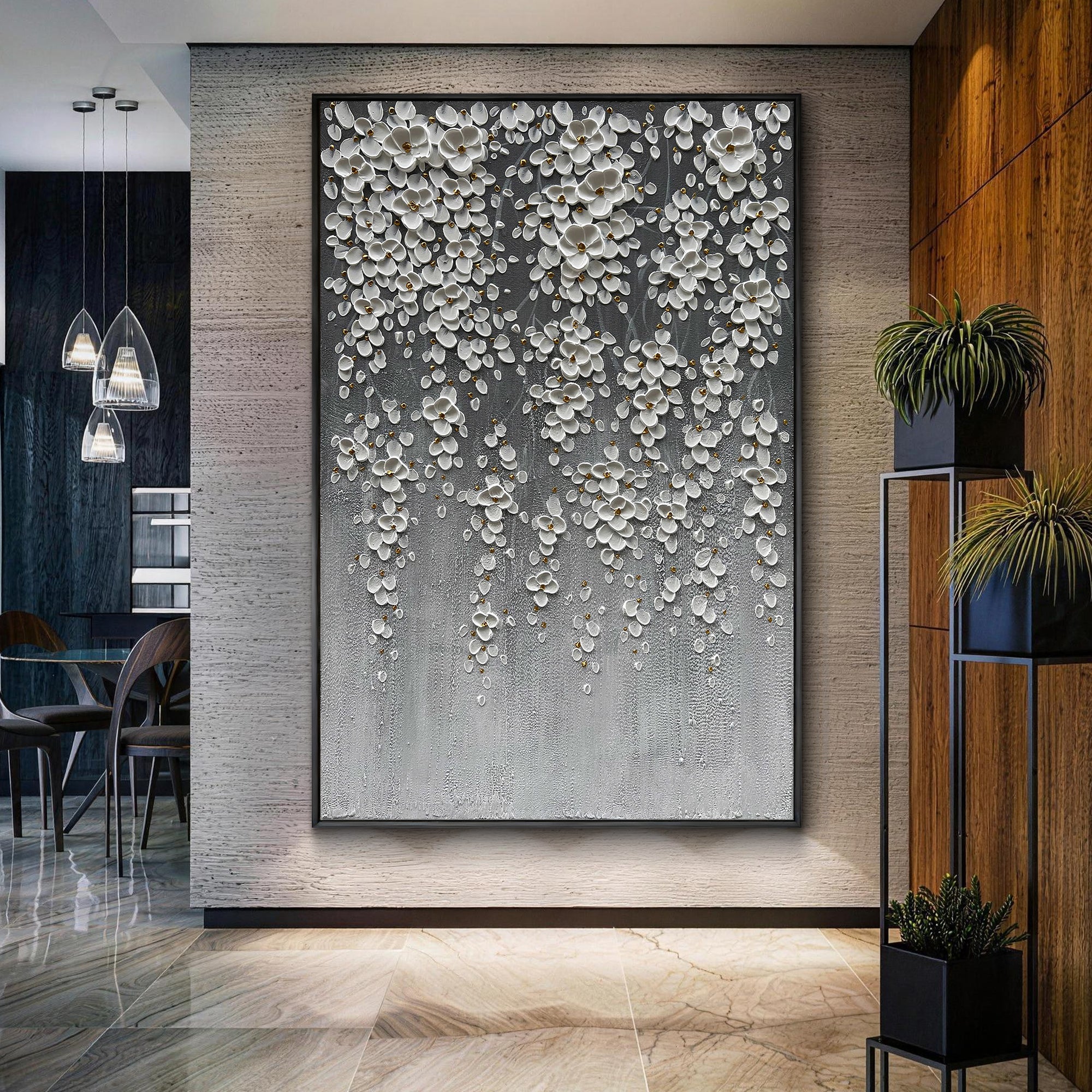 Cascading Bloom – Ombre Grey Floral Relief Texture Painting | Contemporary Botanical Bedroom & Living Room Art