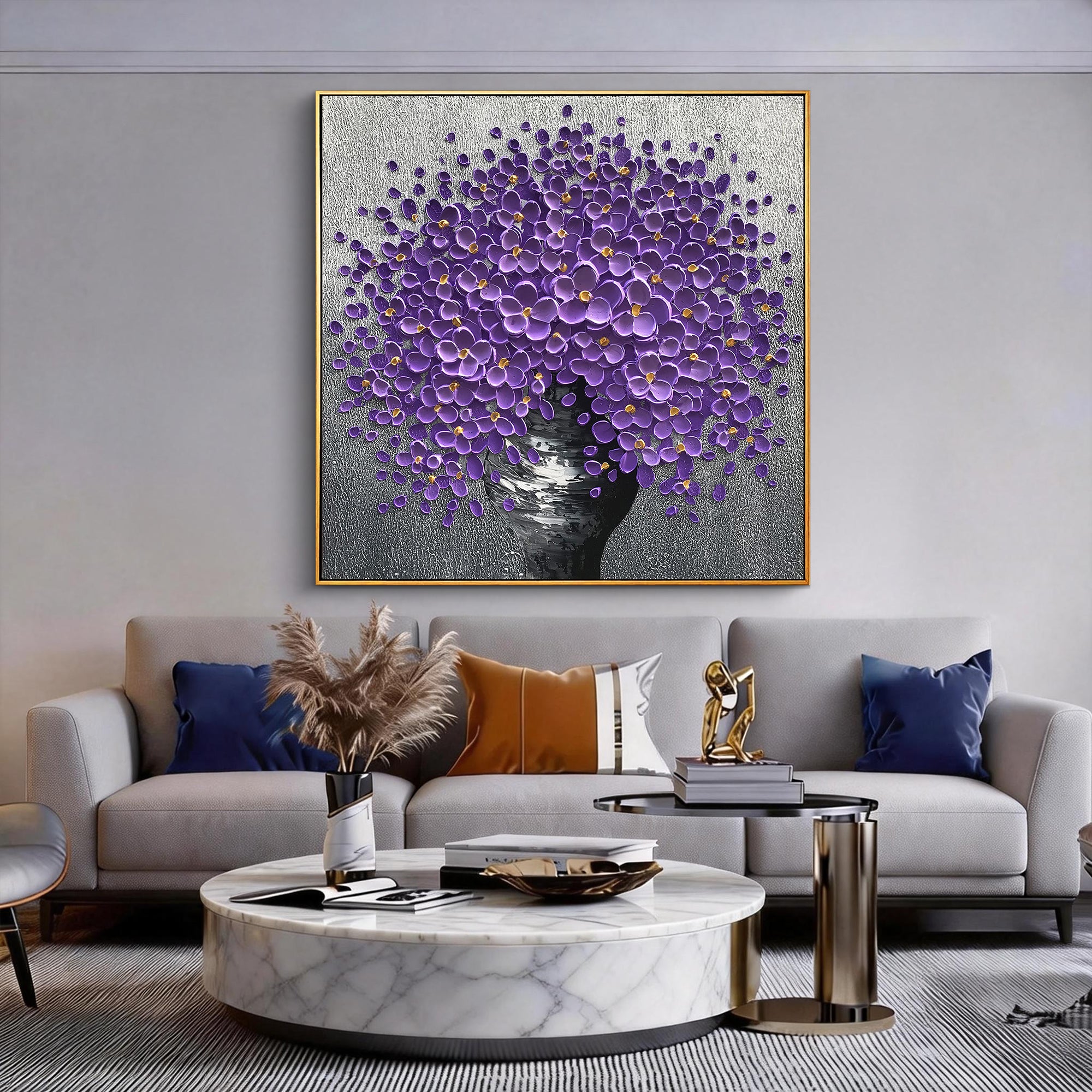 Violet Sphere – Modern Floral Bouquet Relief Floral Painting | Contemporary Botanical Bedroom & Living Room Art