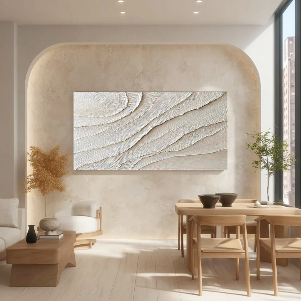 Desert Rhythm – Hand-Painted Creamy White Fluid Plaster Lines Minimalist Painting | Modern Minimalist Bedroom & Home Office Art
