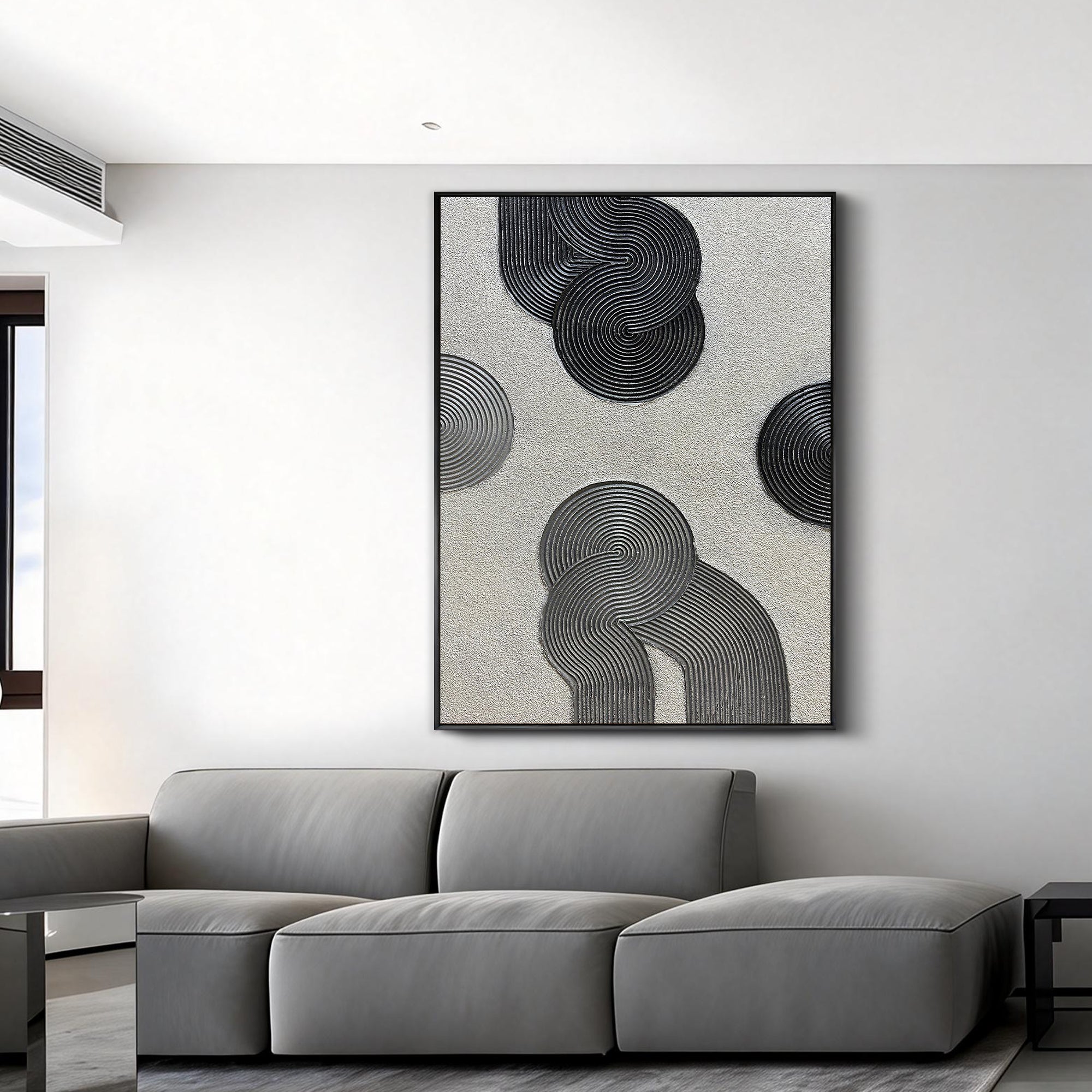 Cosmic Balance – Minimalist Black & Gray 3D Linear Geometric Art | Modern Textured Living Room Art