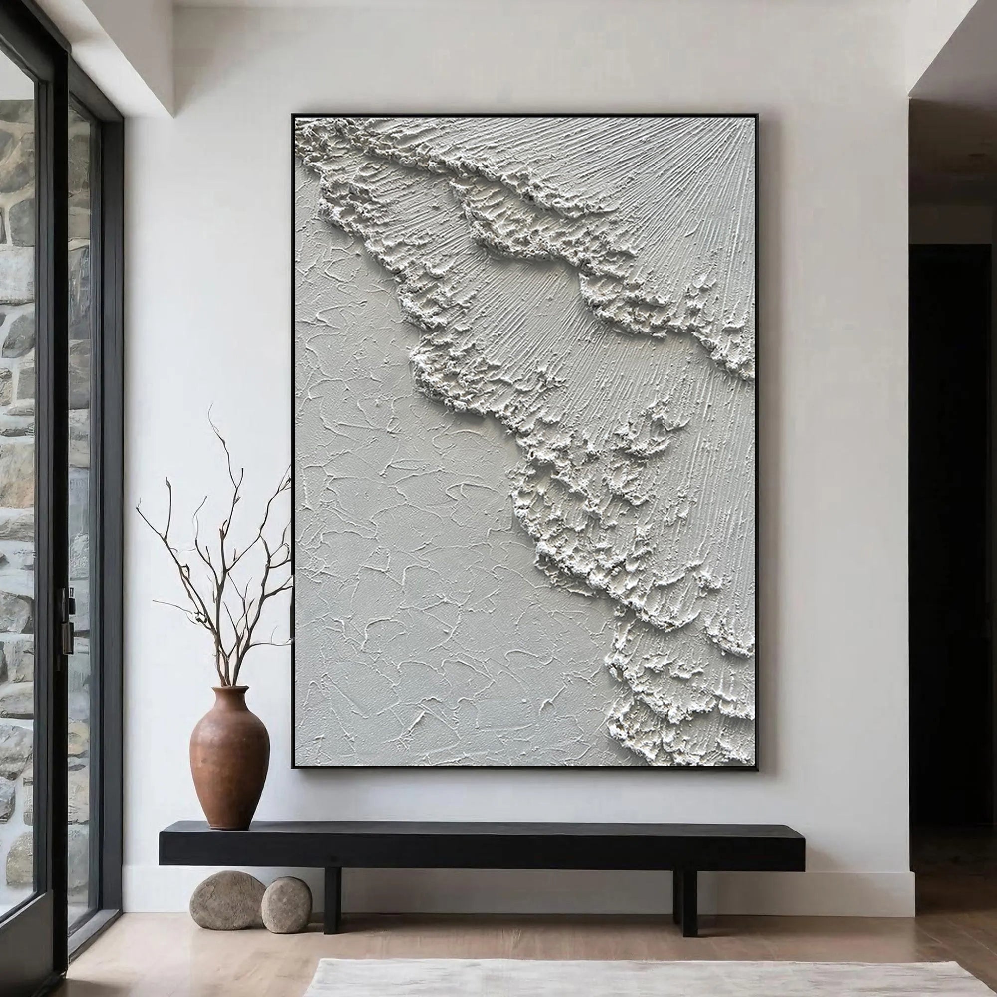 FROSTED RIDGE: 3D Heavy Texture Plaster Wall Art, Rugged White Rock Relief Painting