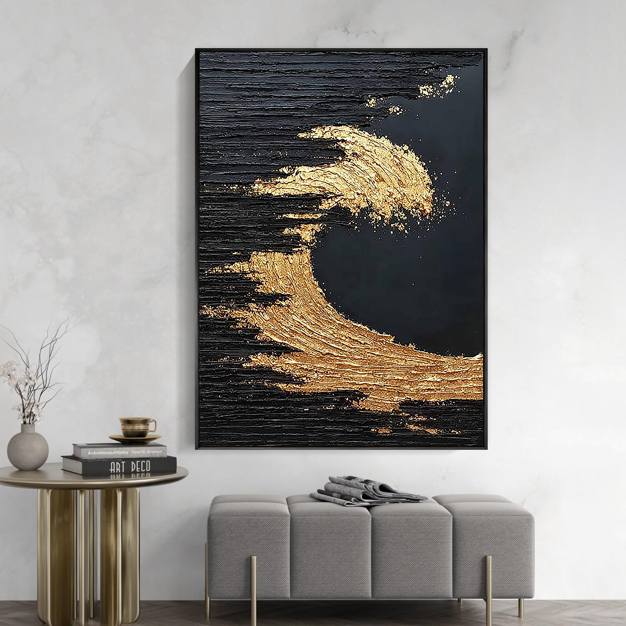 Golden Surge – Modern Black-and-Gold Textured Painting | Light-Luxury Abstract Hallway Art