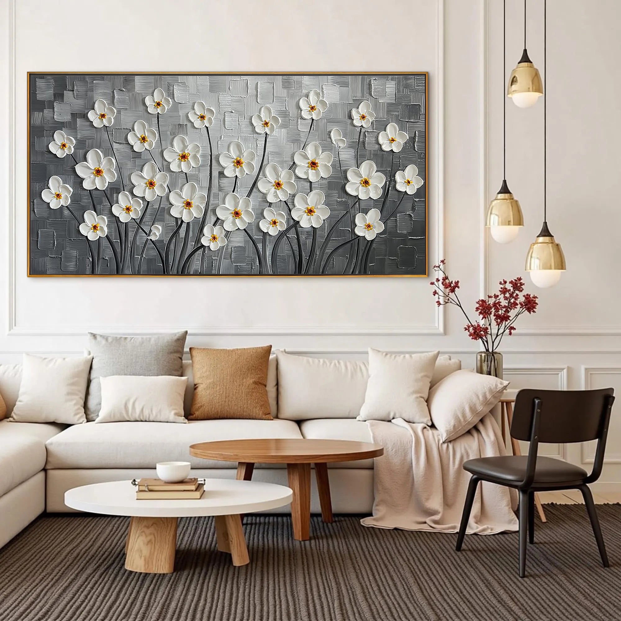 Silver Bloom – White Flower Relief Floral Painting | Contemporary Botanical Bedroom & Living Room Art