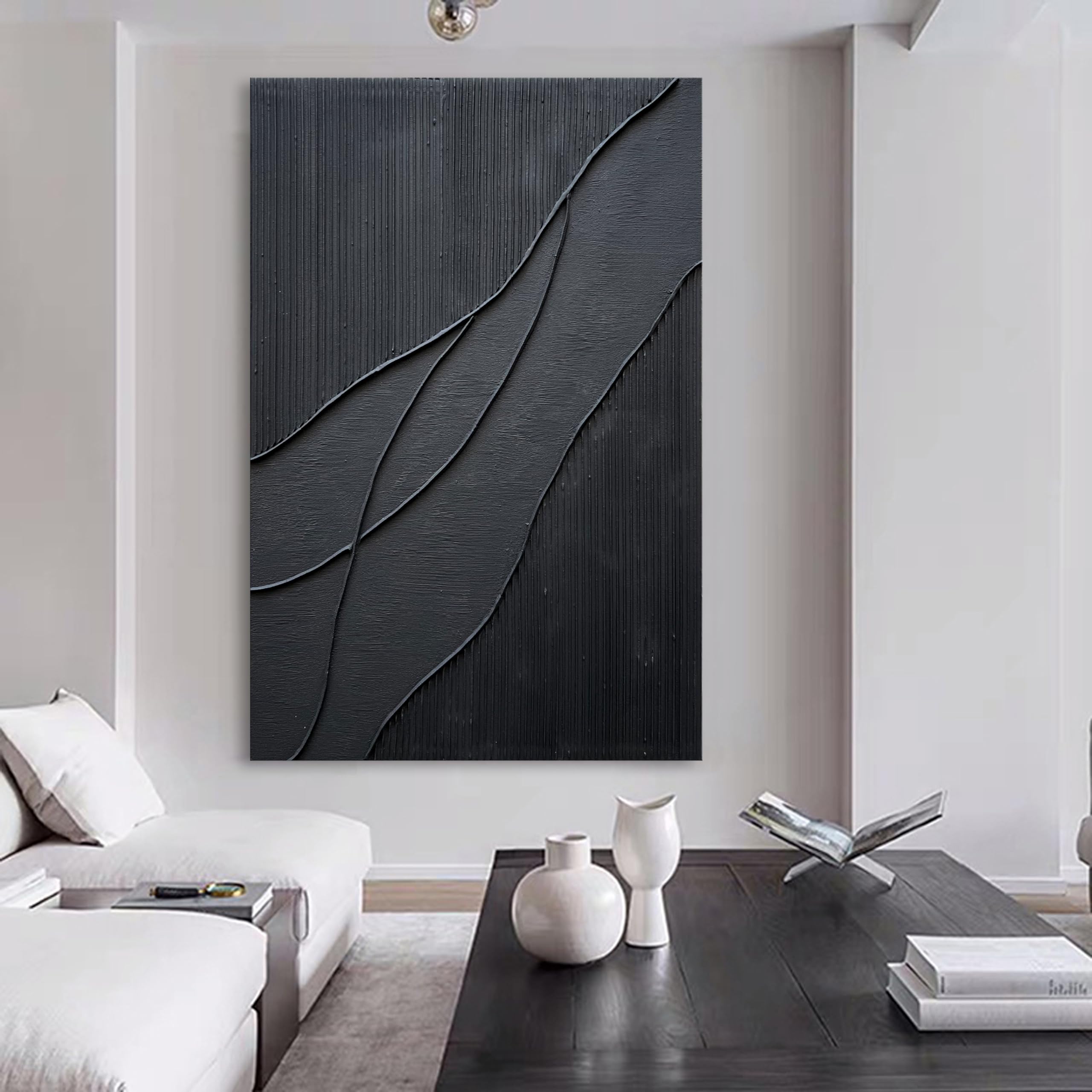 Midnight Flow – Minimalist Black Wave Relief Texture Painting | Modern Minimalist Bedroom & Home Office Art