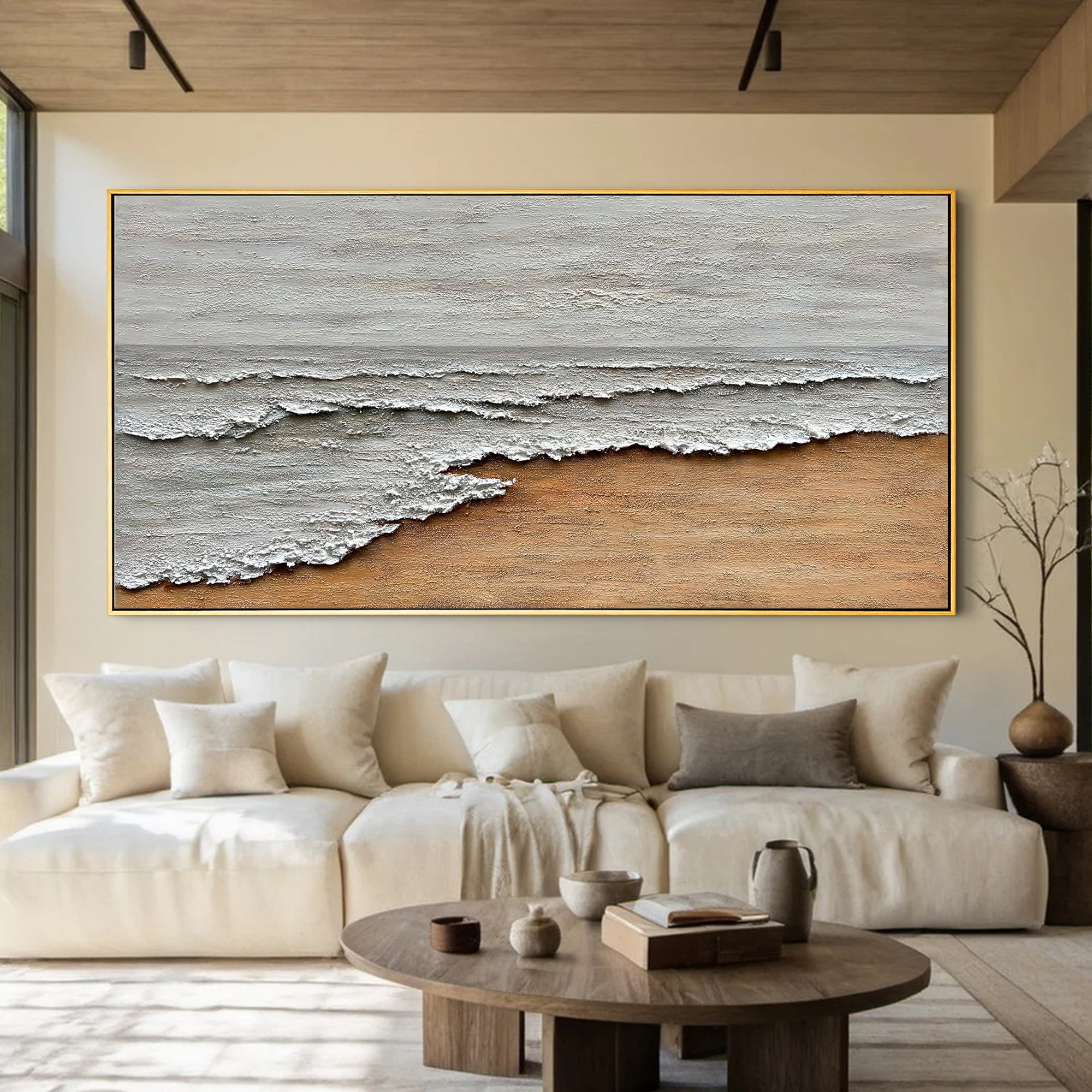Coastal Echo – Wabi-Sabi Sand and Wave Relief Abstract Painting | Contemporary Landscape Living Room & Dining Room Art