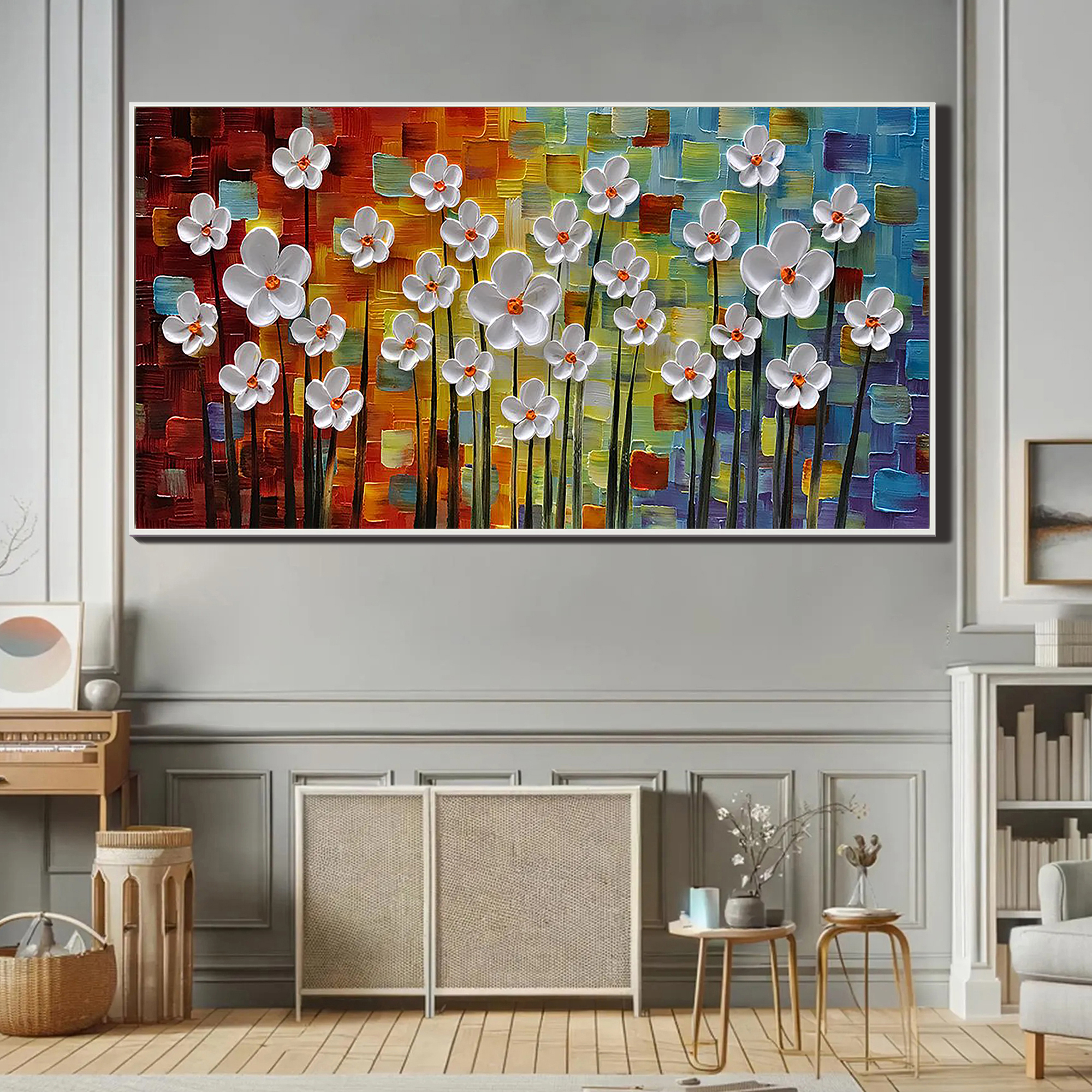 RAINBOW BLOOM: Panoramic 3D Heavy Texture Floral Wall Art, Vibrant Mosaic Background Relief