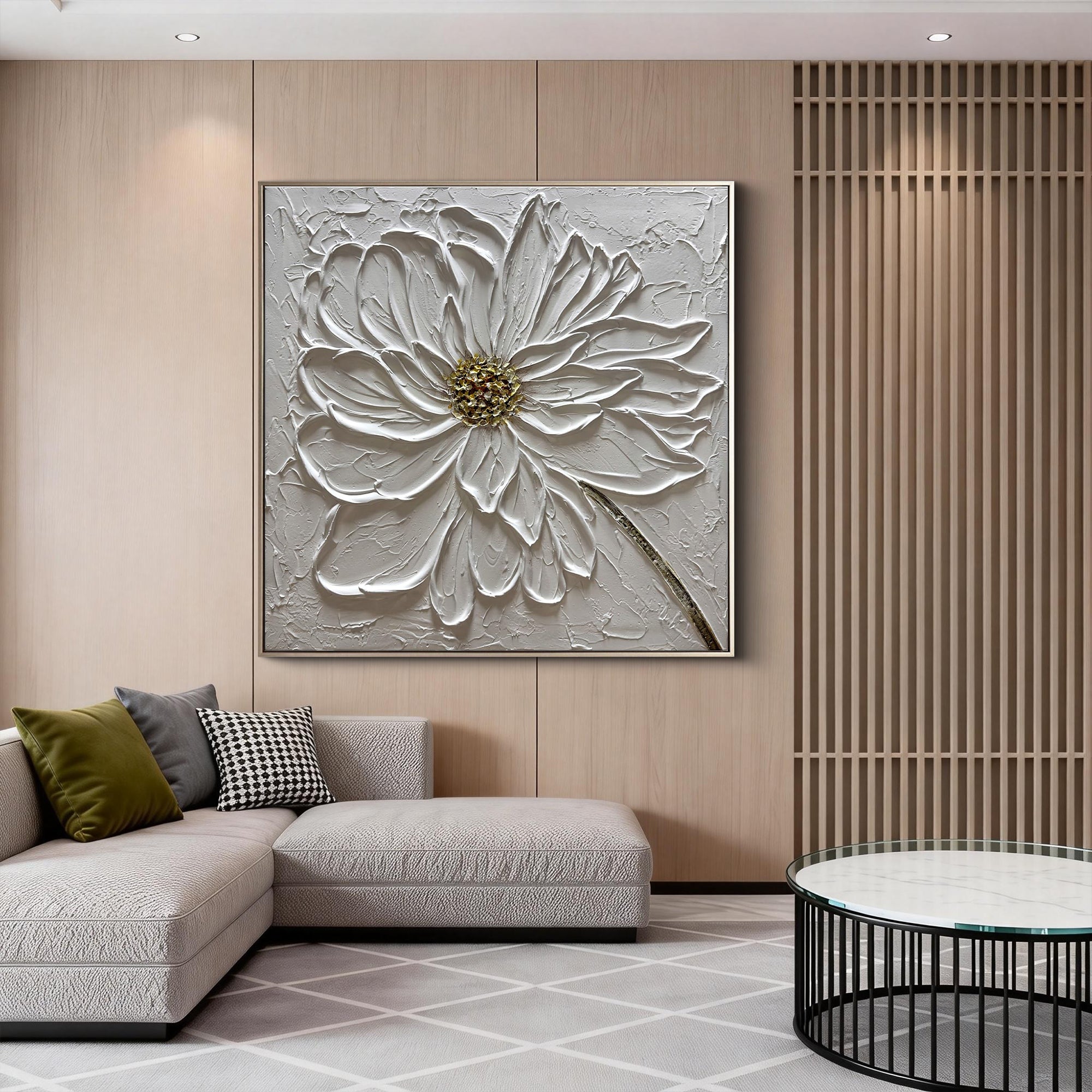 Floral Zenith – Heavy Impasto White Petal Relief Floral Painting | Contemporary Botanical Bedroom & Living Room Art