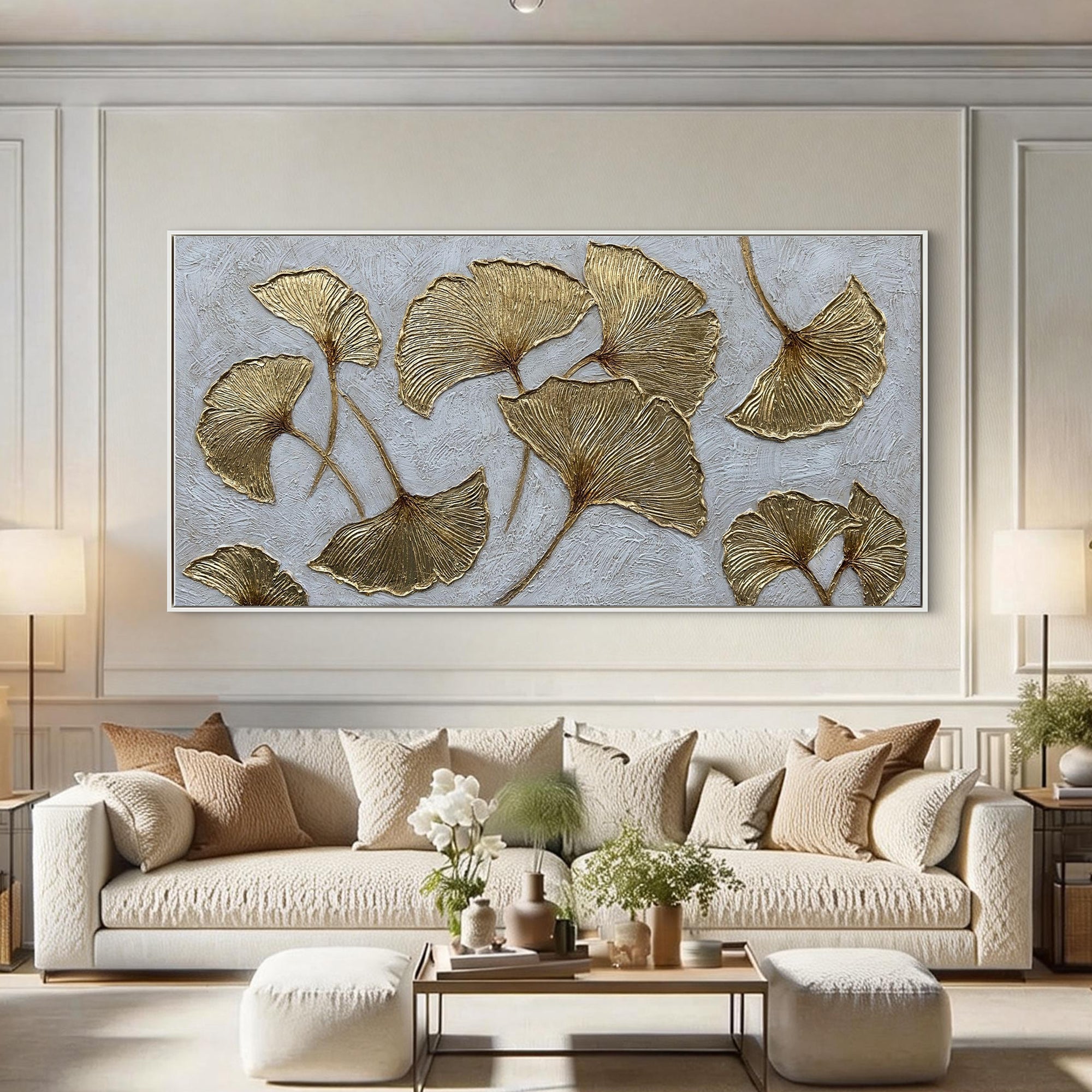 Gilded Leaves – Modern Gold Leaf Relief Texture Painting | Modern Luxury Metallic Living Room & Hotel Art