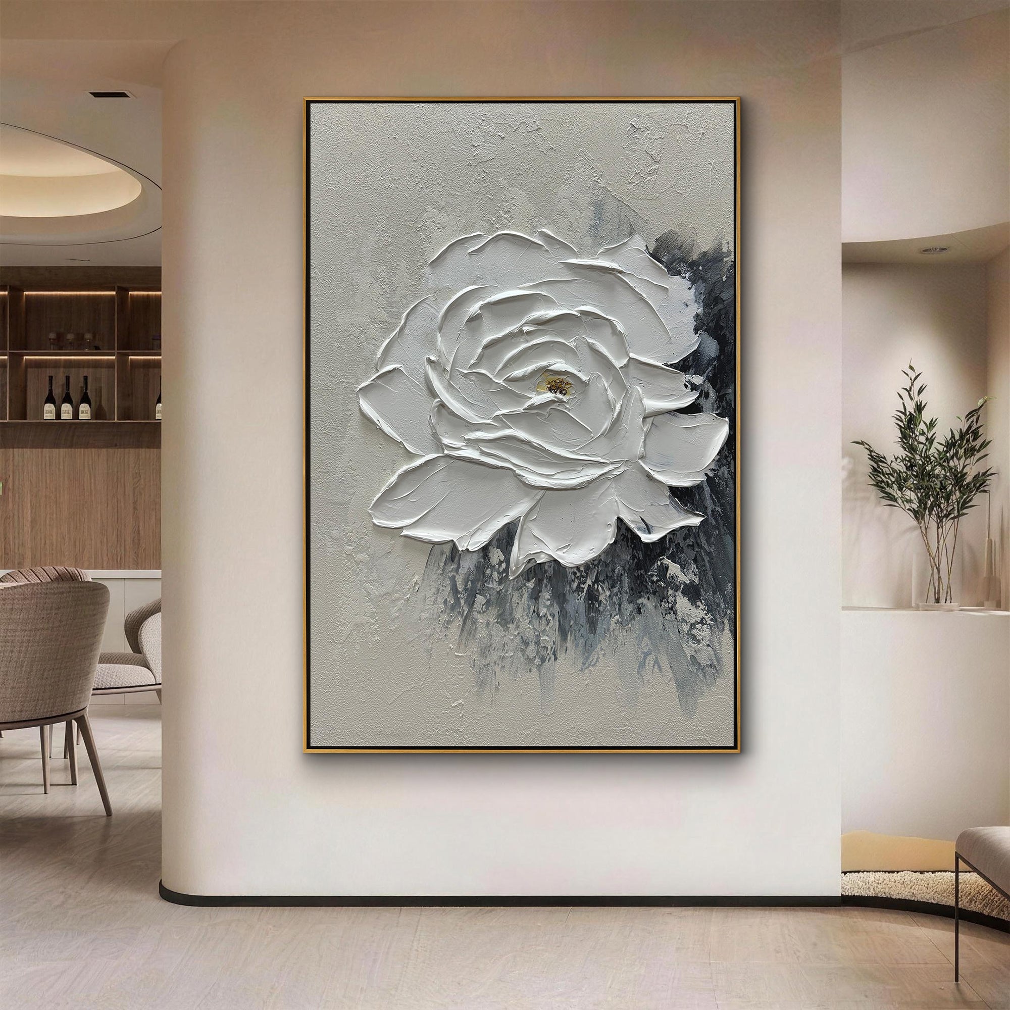 VANILLA SCULPT: 3D Heavy Texture White Rose Wall Art, Modern Plaster Relief Floral Painting