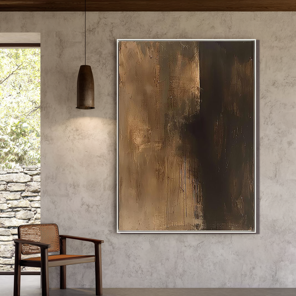 Earthen Shadow – Hand-Painted Deep Coffee Brown Plaster Effect Wabi-Sabi Painting | Japandi Wabi-Sabi Living Room & Bedroom Art