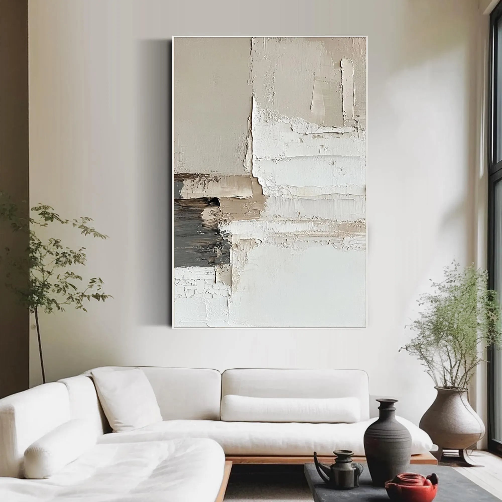 Modern Layers – Hand-Painted Minimalist Neutral Beige and Grey Palette Knife Abstract Painting | Modern Minimalist Bedroom & Home Office Art