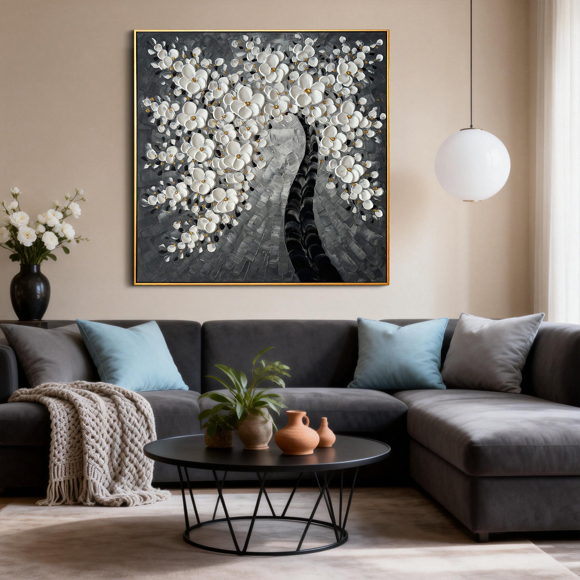 Noir Blossom – Modern Black and Grey Tree Relief Floral Painting | Minimalist Botanical Bedroom & Living Room Art