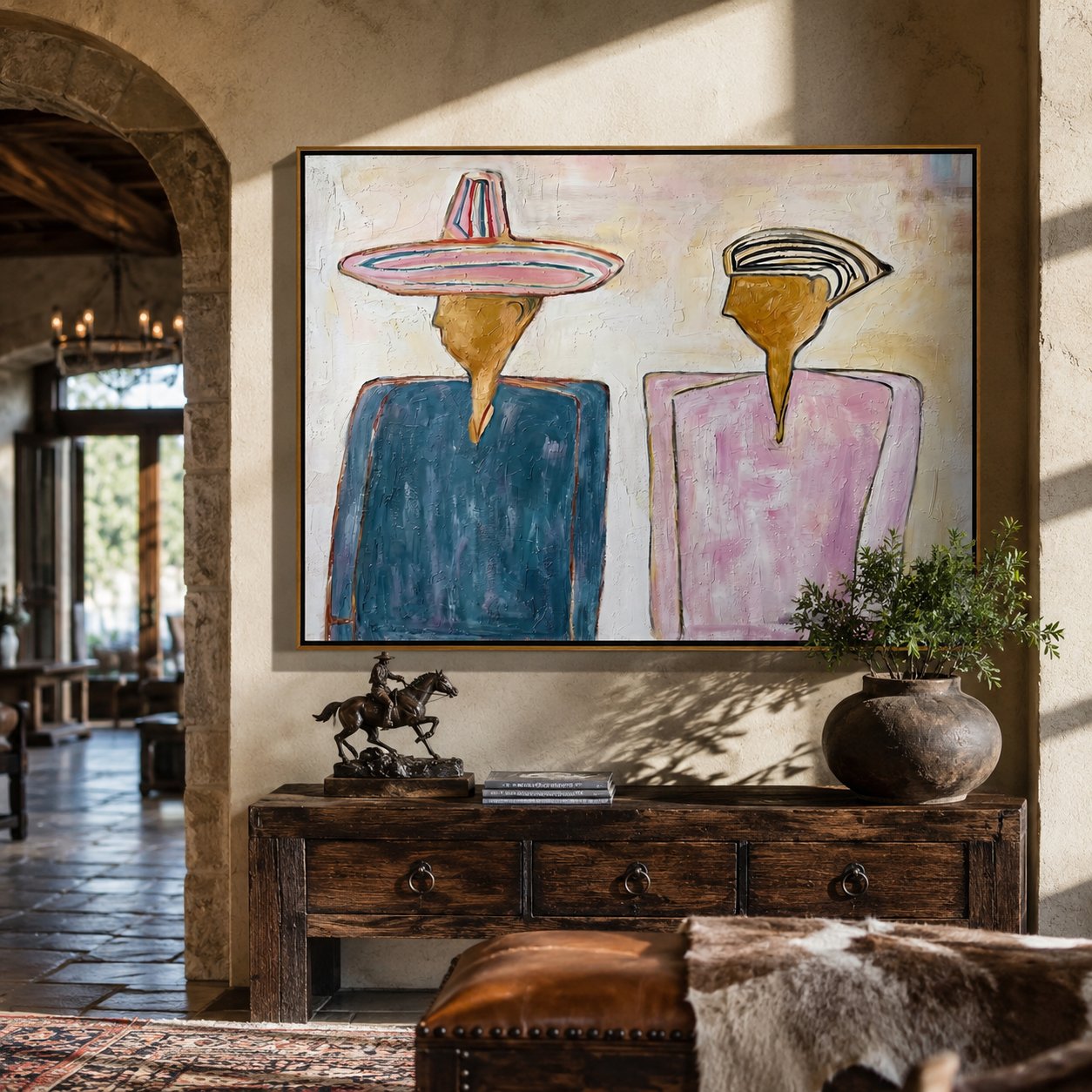 Two Silhouettes Hold Space – Blue Pink Figures Painting | Modern Figurative Horizontal Wall Art