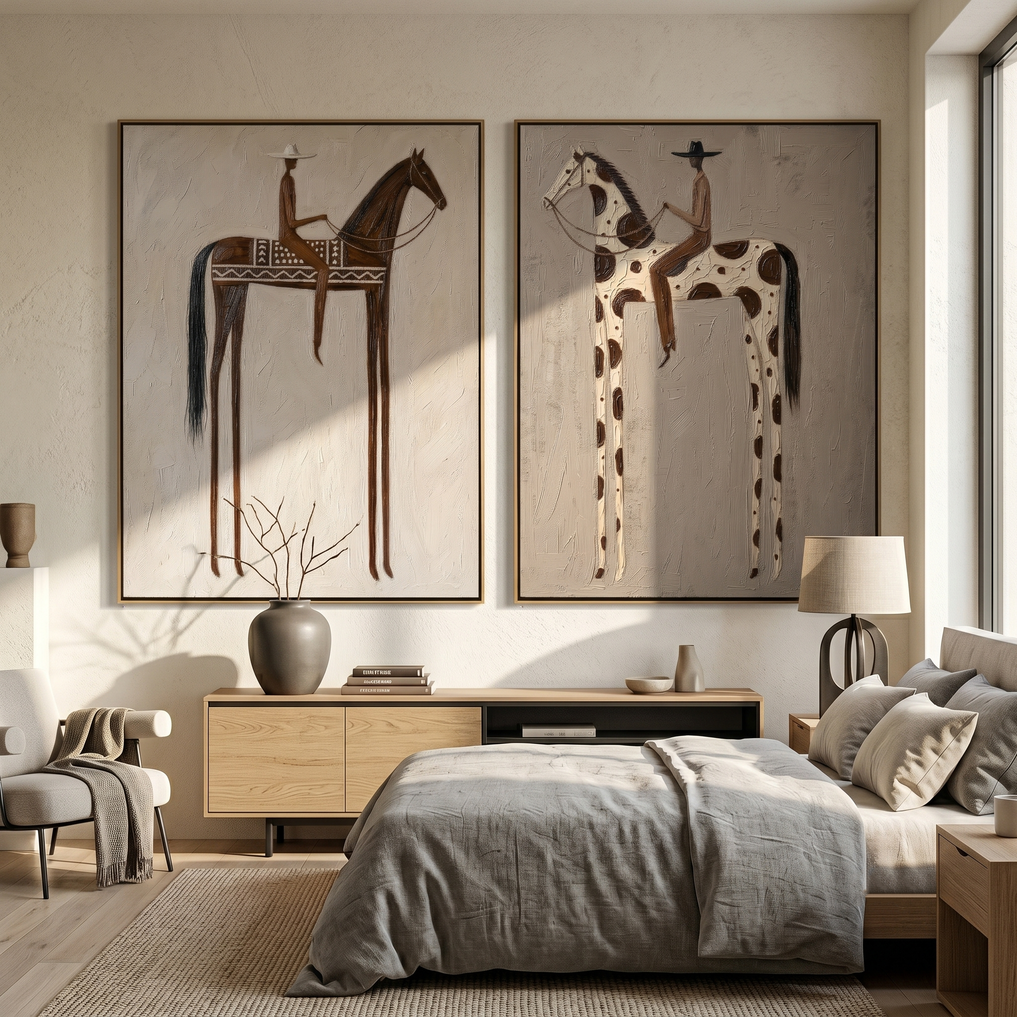 Warm Plain Diptych – Vintage Americana Two Folk Riders Two-Panel Painting | Rustic Modern Living Room Art