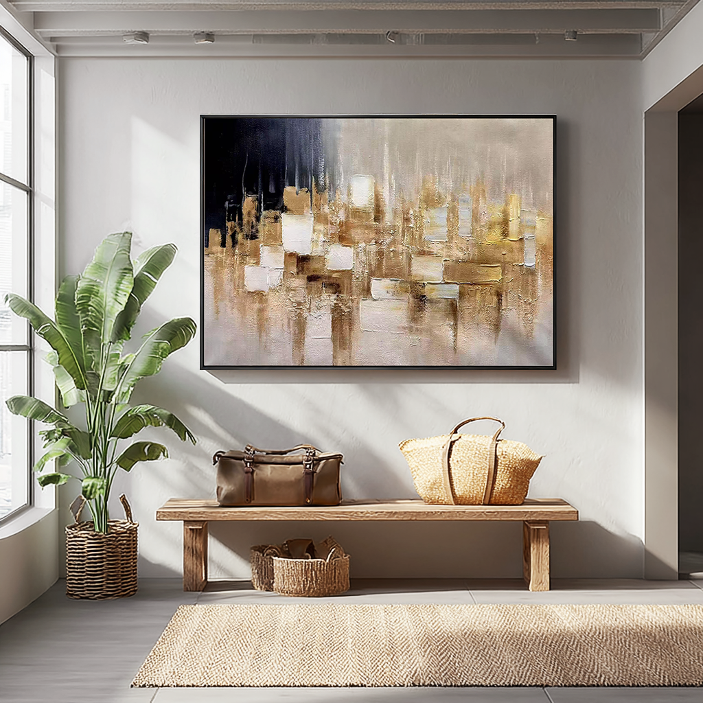 Golden Skyline – Luxury Abstract Urban Landscape Painting | Large Horizontal Impasto Living Room Art