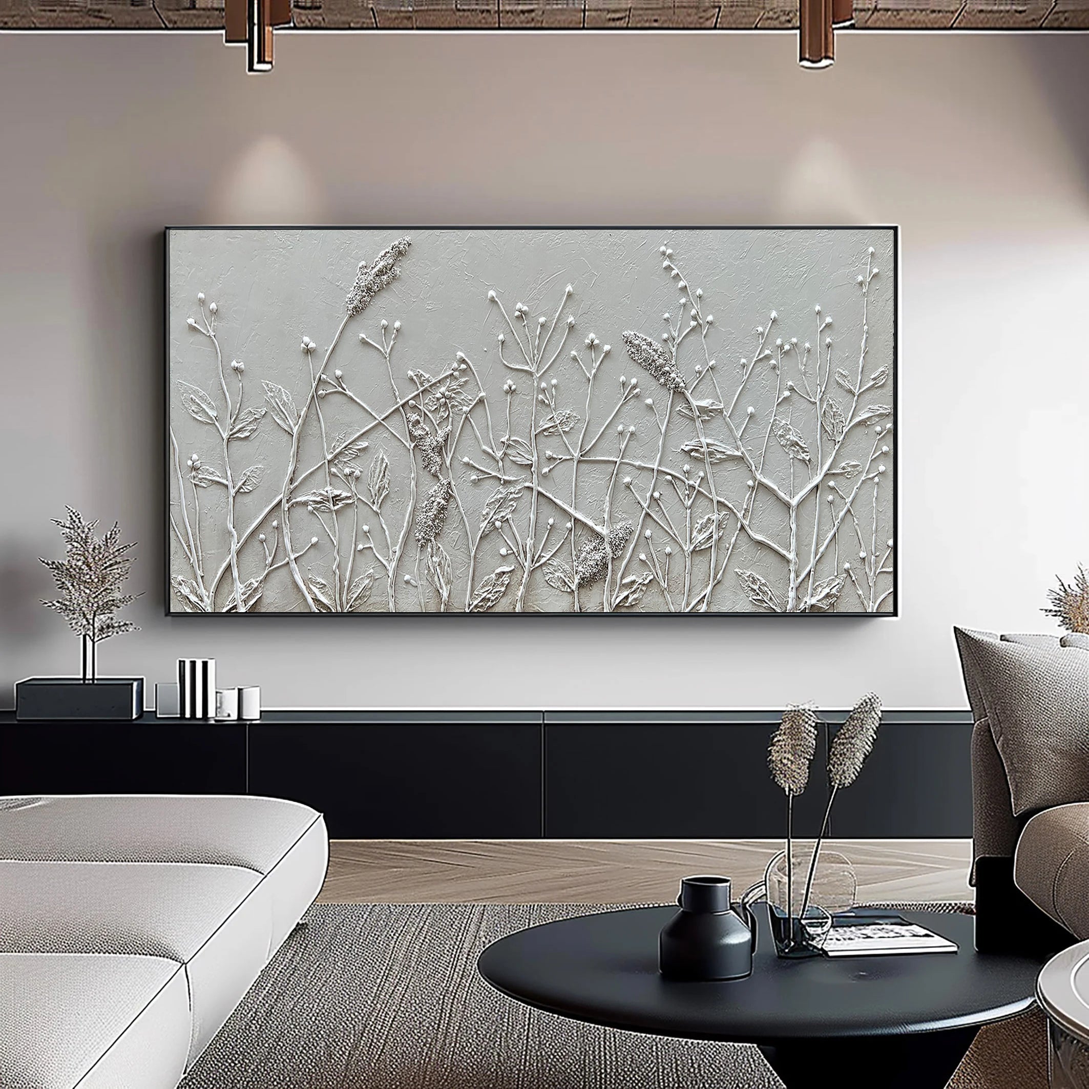 Meadow Breeze – White Botanical Relief Floral Painting | Contemporary Botanical Bedroom & Living Room Art