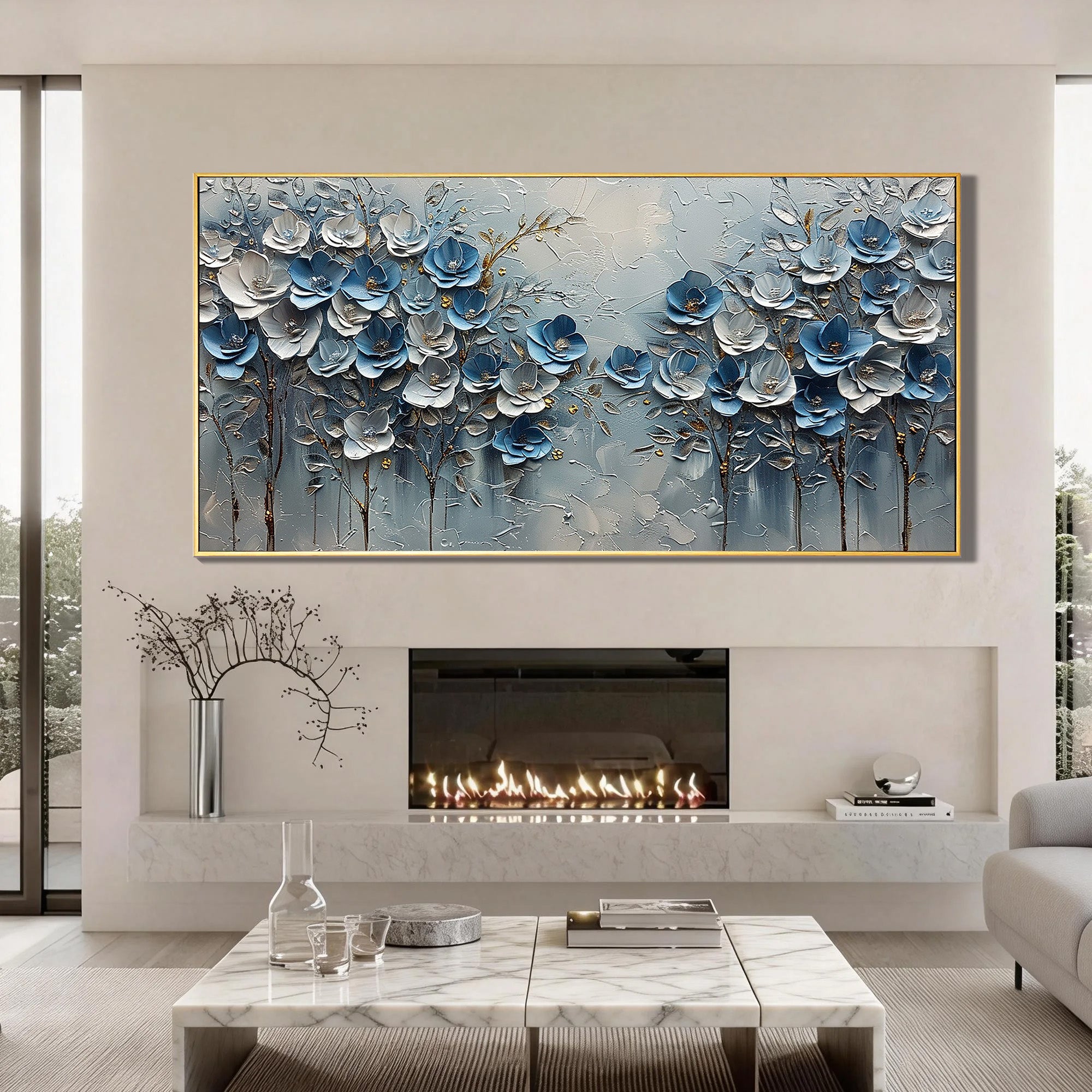 Cerulean Bloom – Hand-Painted Blue and White 3D Textured Palette Knife Floral Painting | Contemporary Botanical Bedroom & Living Room Art