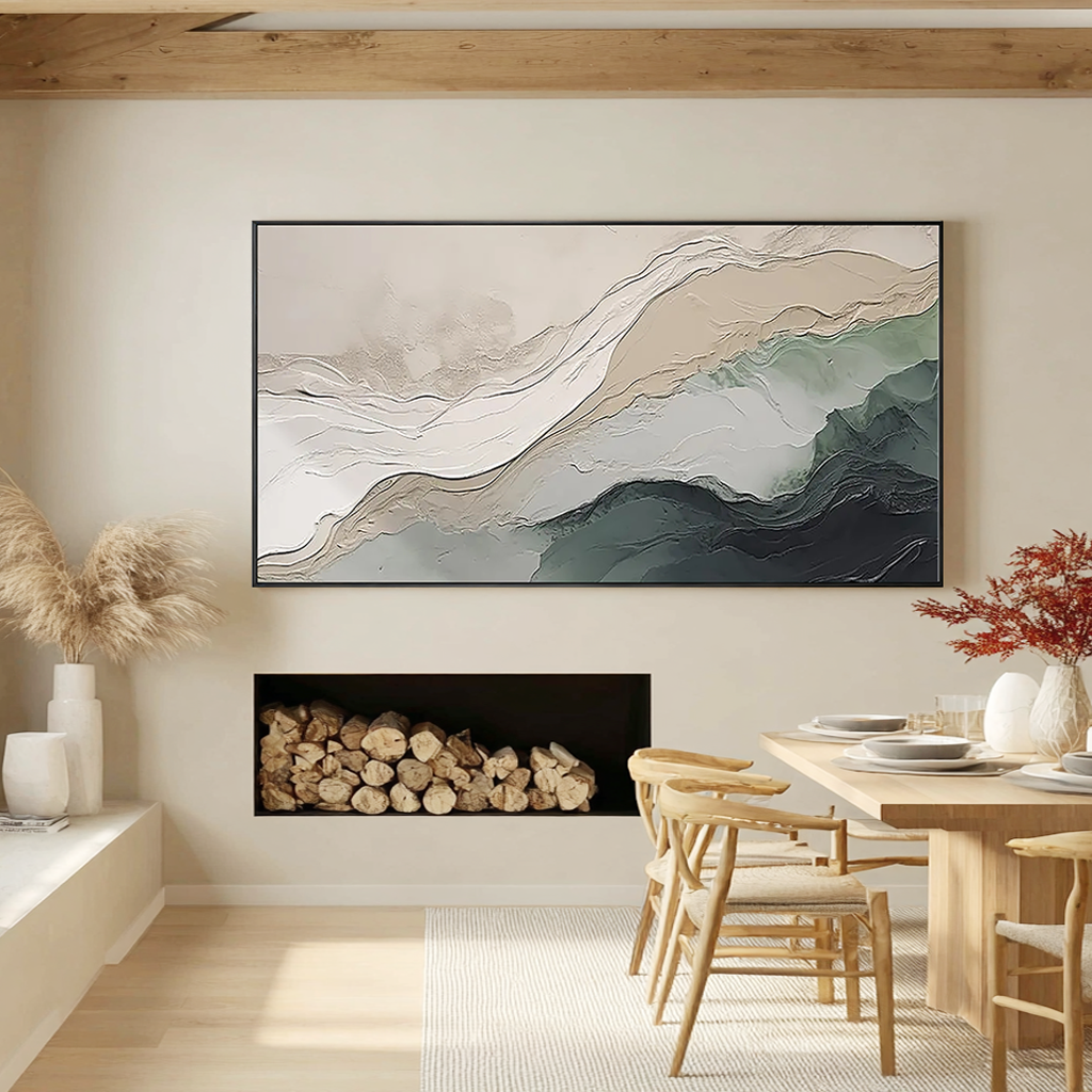 Serene Ridge – Hand-Painted Sage Green and Beige Plaster Effect Relief Landscape Painting | Contemporary Landscape Living Room & Dining Room Art