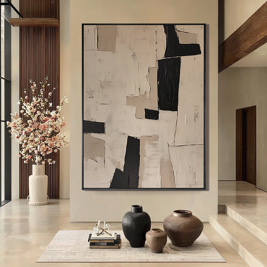 Earthen Monolith – Hand-Painted Black and Tan Palette Knife Wabi-Sabi Painting | Japandi Wabi-Sabi Living Room & Bedroom Art