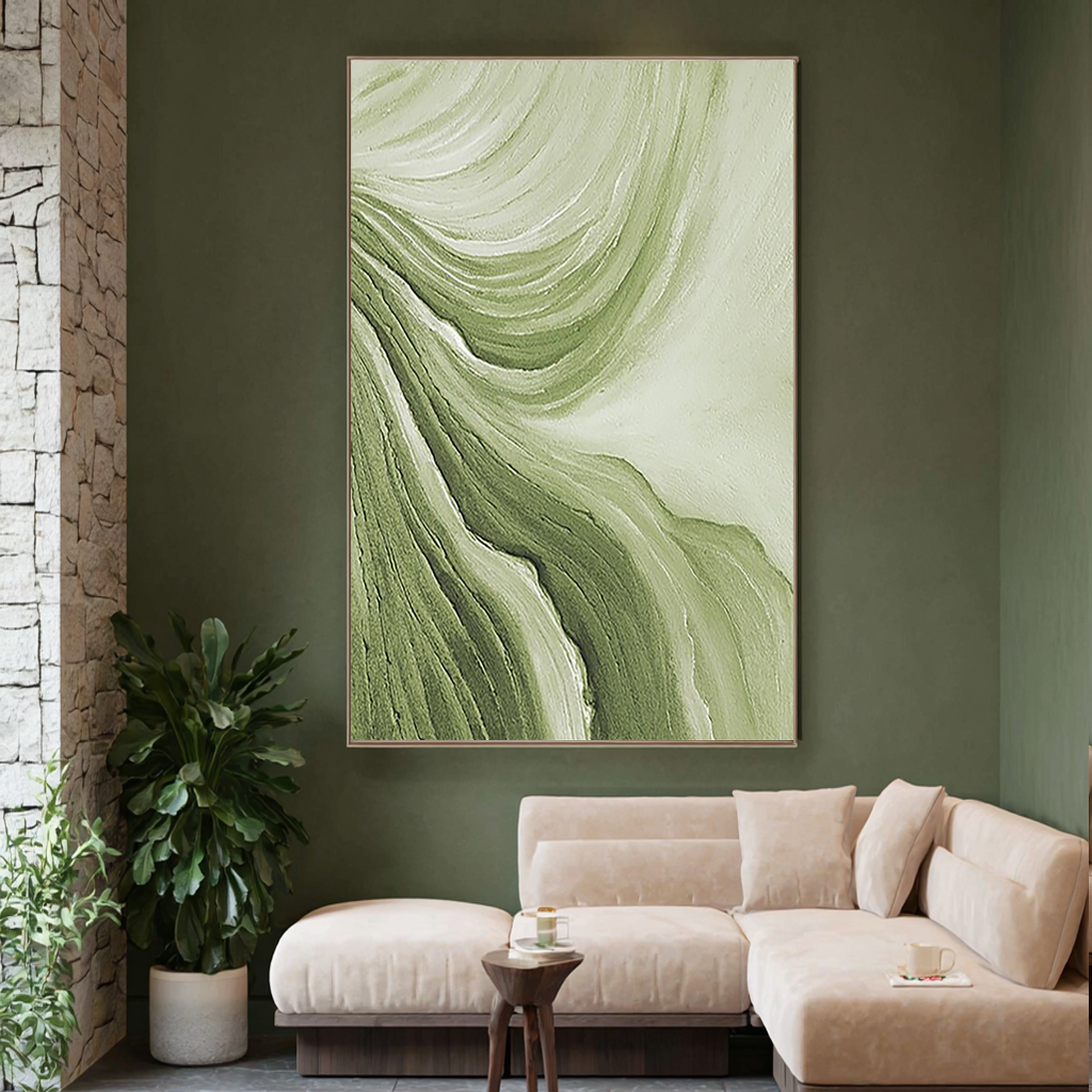 SAGE RIPPLE: Modern 3D Plaster Texture Wall Art, Green Wave Abstract Relief Painting