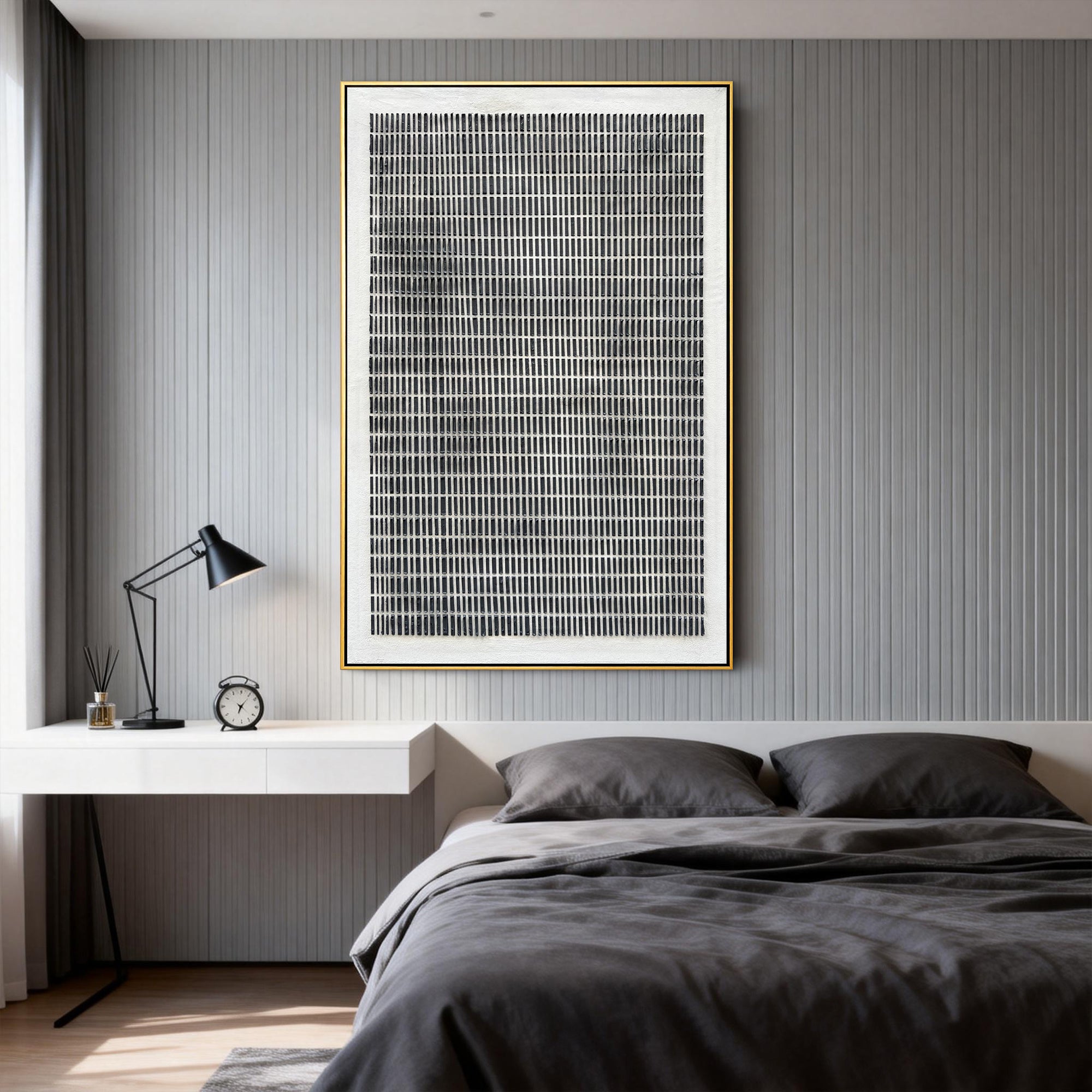 Grid Zen – Wabi-Sabi Geometric Matrix Minimalist Painting | Modern Noir Wabi-Sabi Living Room & Home Office Art