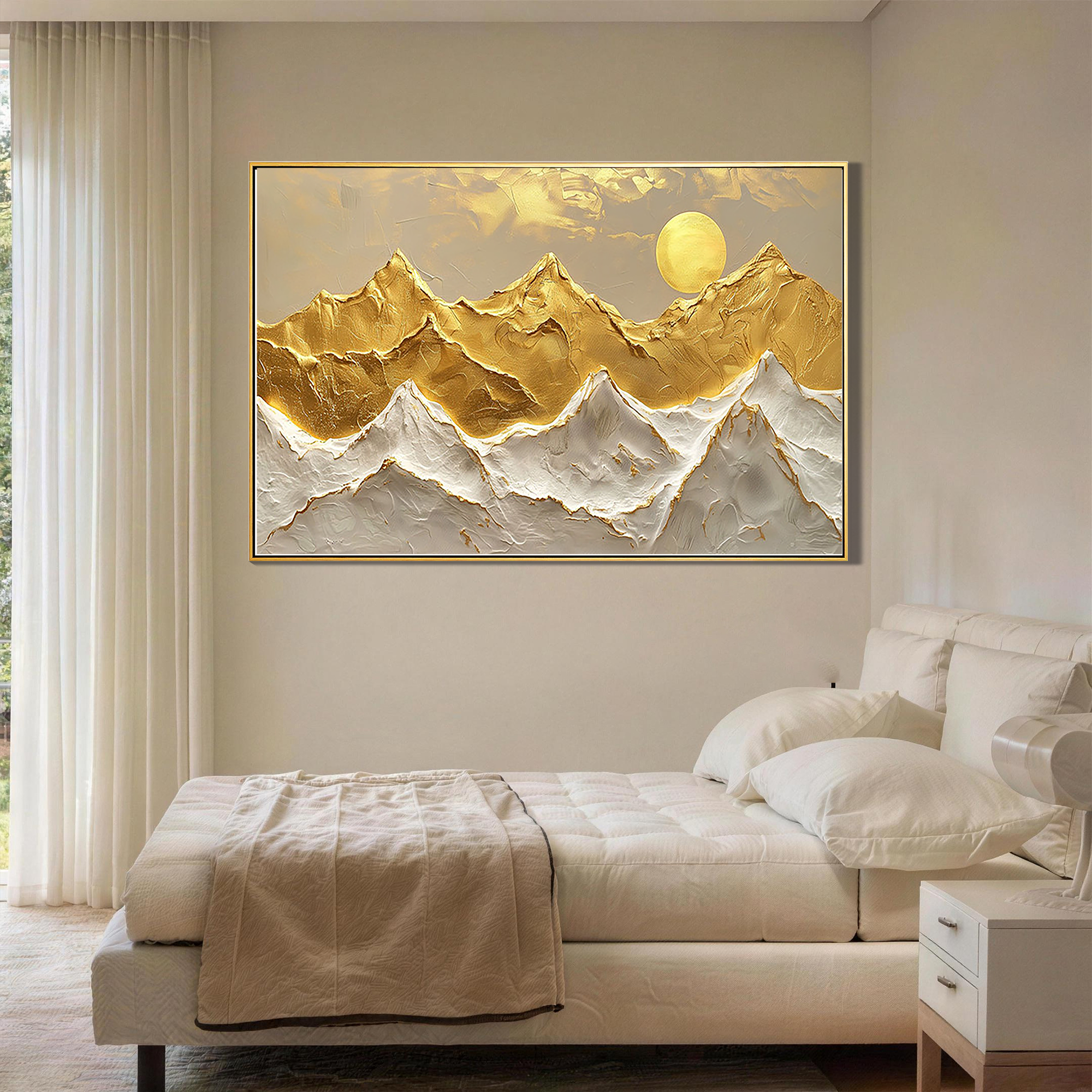 Golden Peaks – Gold Leaf Abstract Landscape Texture Painting | Contemporary Mountain Living Room & Home Office Art