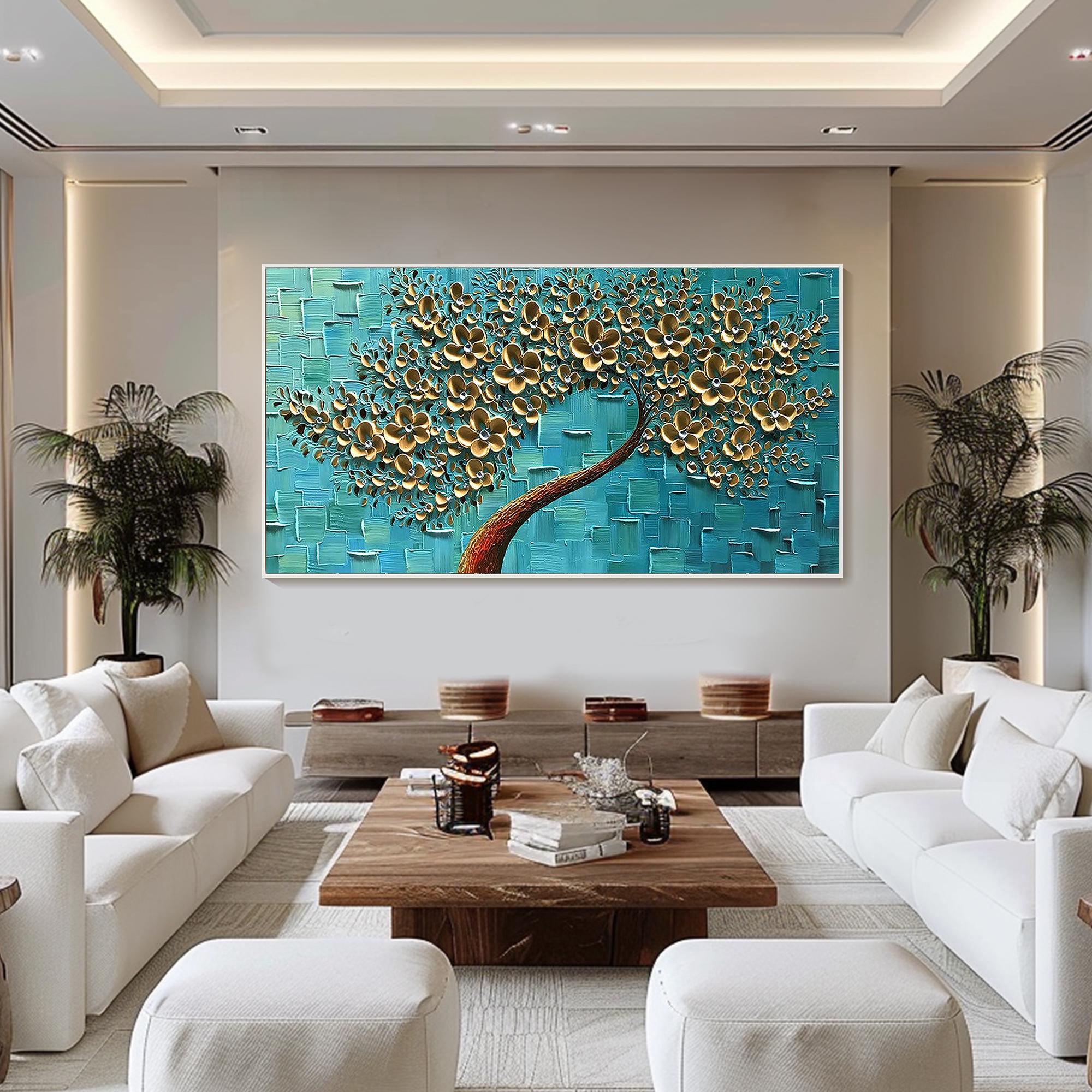 Teal Radiance – Gold Leaf Flower Relief Texture Painting | Modern Luxury Botanical Bedroom & Living Room Art