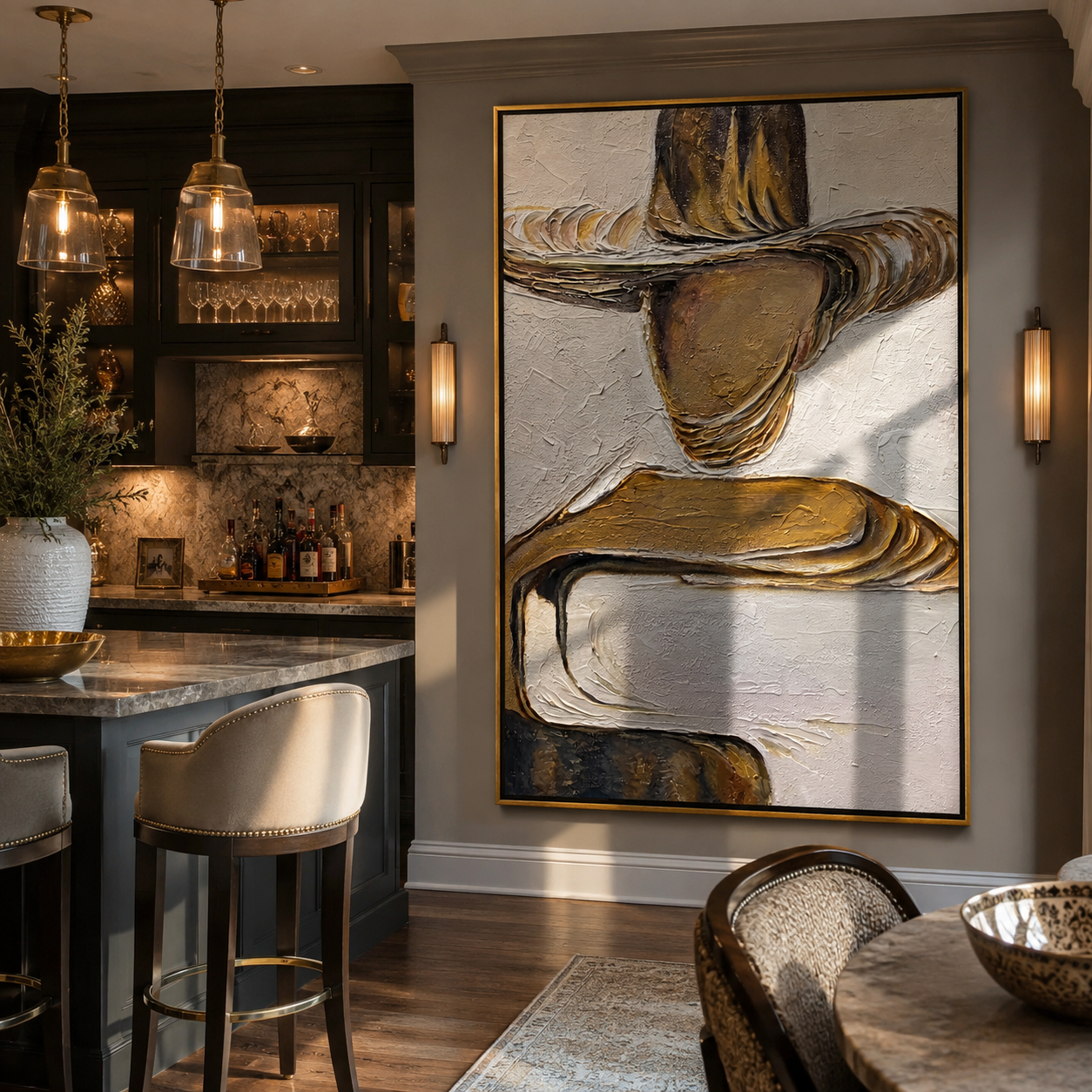 Gilded Brim Holds Still – Gold Hat Figure Painting | Retro Modern Vertical Wall Art