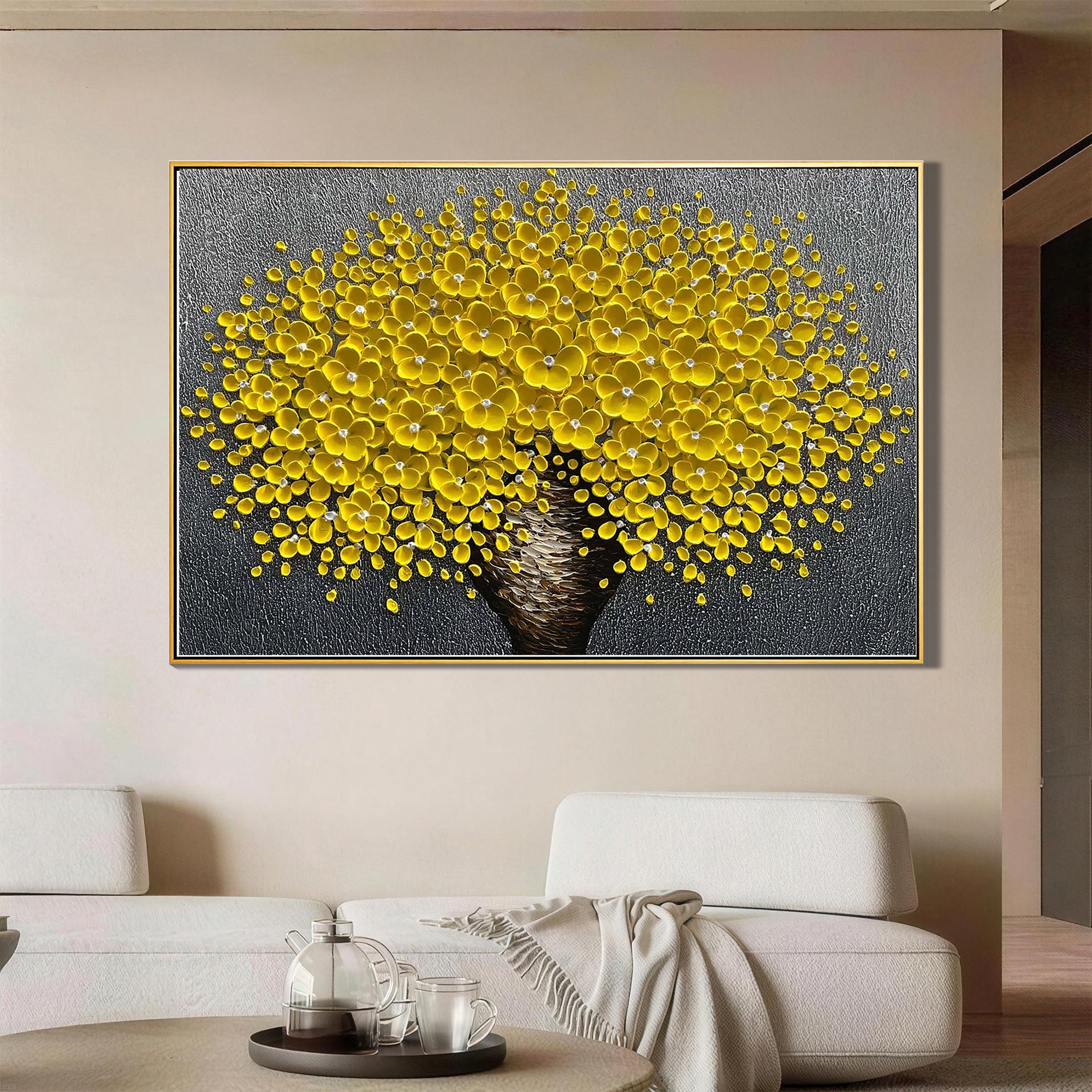 Amber Radiance – Luxury Floral Relief Canvas Floral Painting | Contemporary Botanical Bedroom & Living Room Art