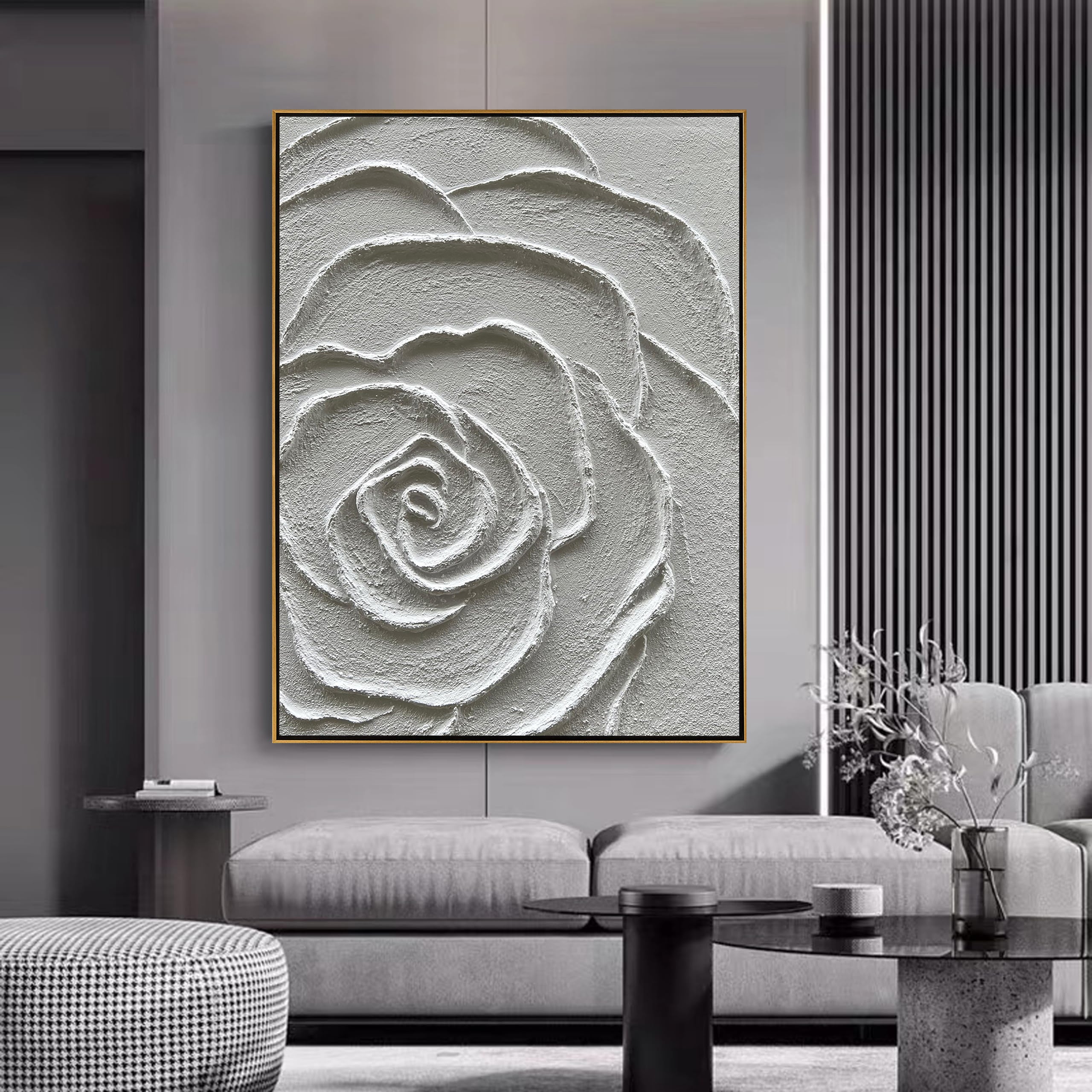 Petal Sculpture – 3D White Rose Relief Minimalist Painting | Contemporary Botanical Bedroom & Living Room Art