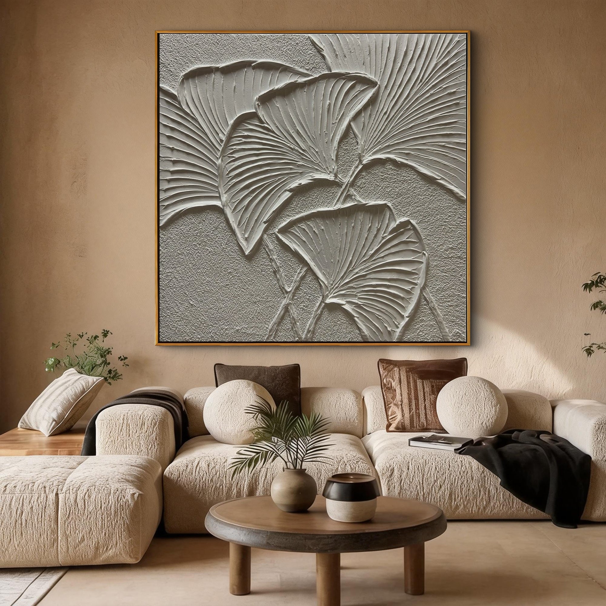 Ginkgo Whisper – Modern Minimalist Ginkgo Leaf Textured Painting | Wabi-Sabi Sculptural Hallway Art