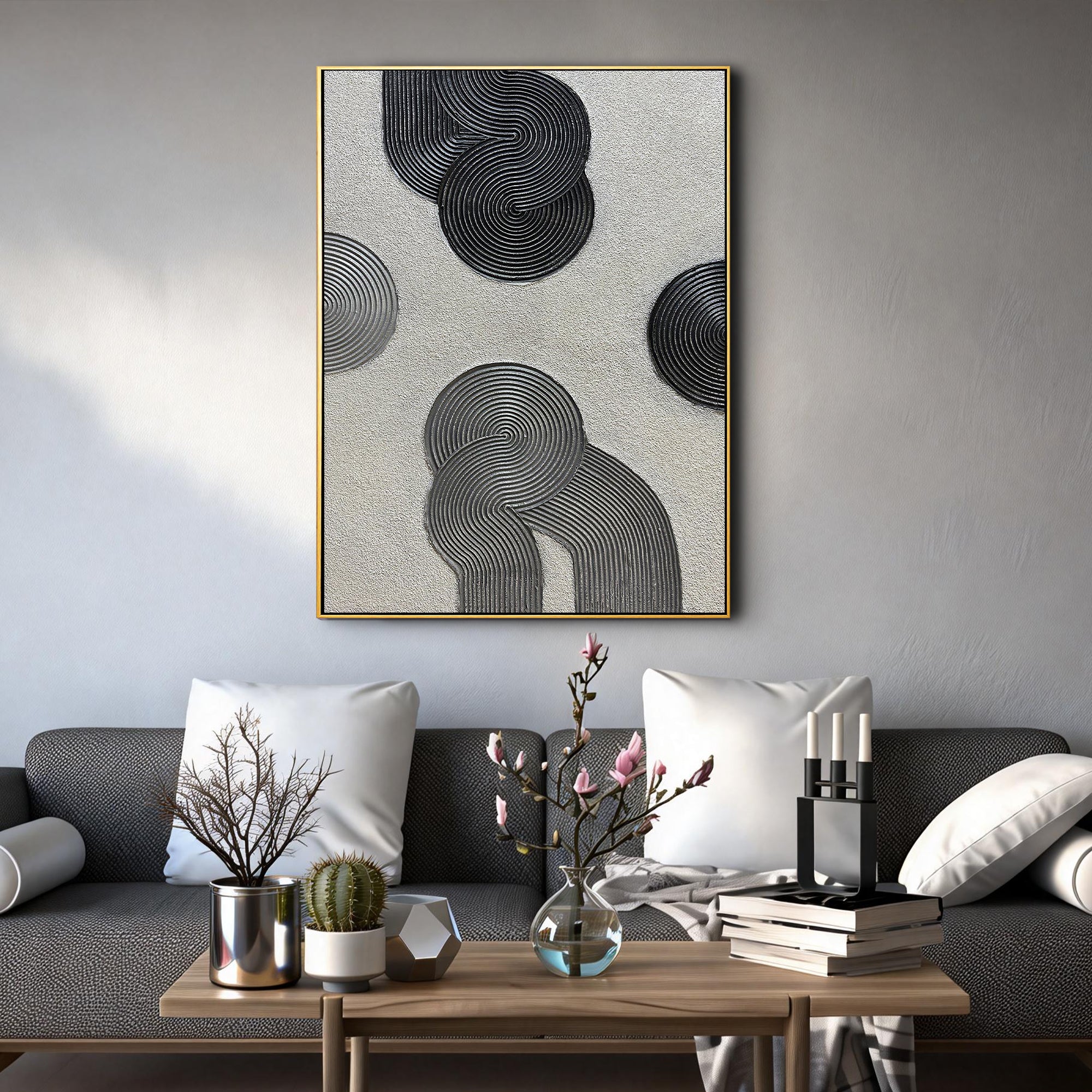 Cosmic Balance – Minimalist Black & Gray 3D Linear Geometric Art | Modern Textured Living Room Art