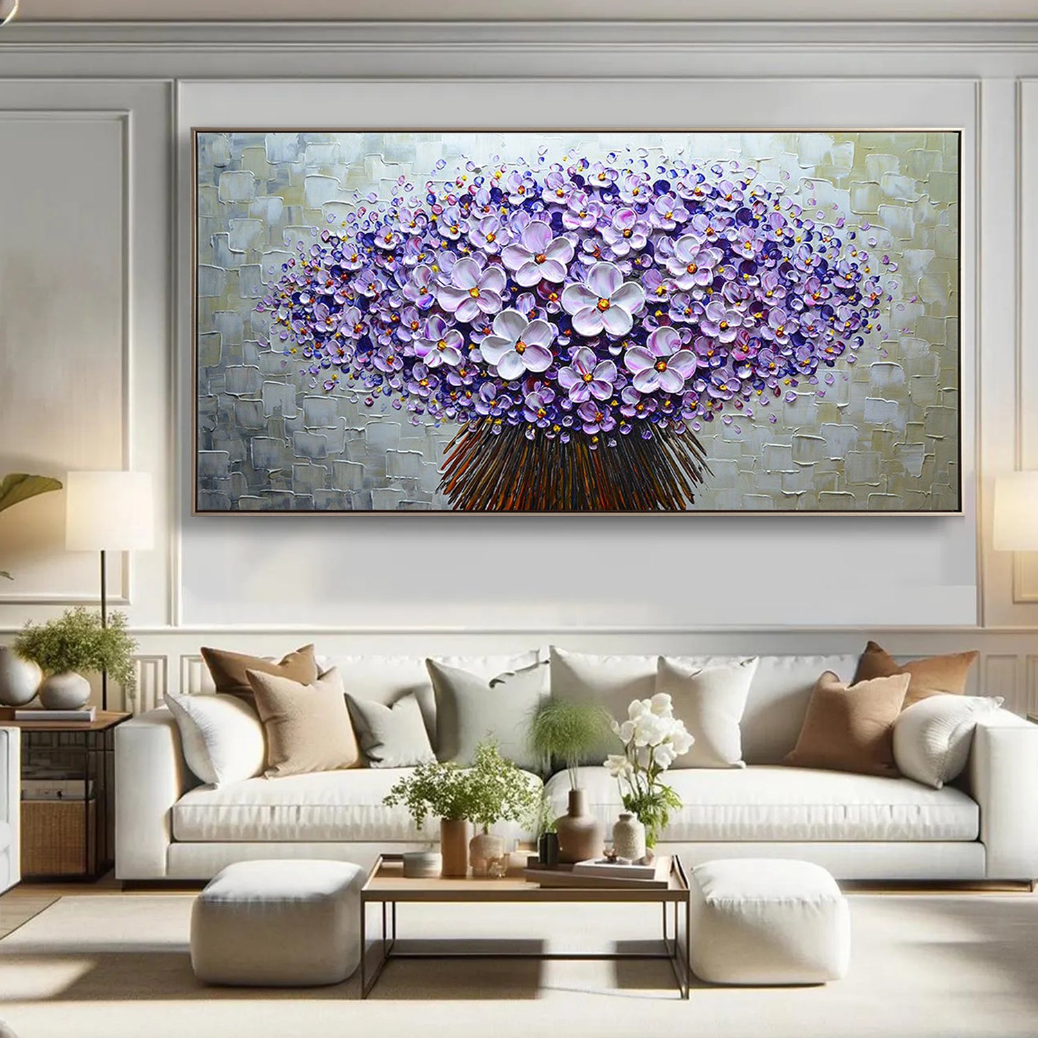 VIOLET BLOOM: Panoramic 3D Heavy Texture Floral Wall Art, Purple Flower Tree Relief Painting