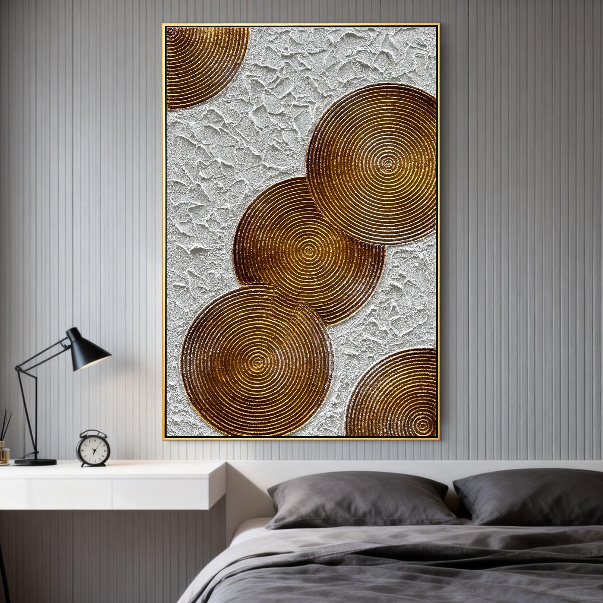 Amber Spheres – Modern Bronze Circle Relief Texture Painting | Contemporary Plaster Texture Living Room & Office Art