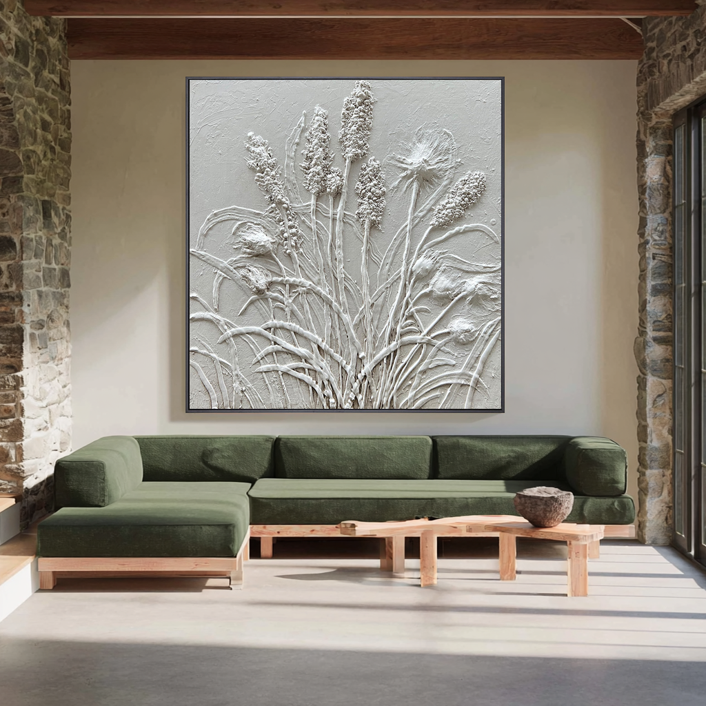 Lavender Breeze – White Plaster Botanical Relief Texture Painting | Contemporary Botanical Bedroom & Living Room Art