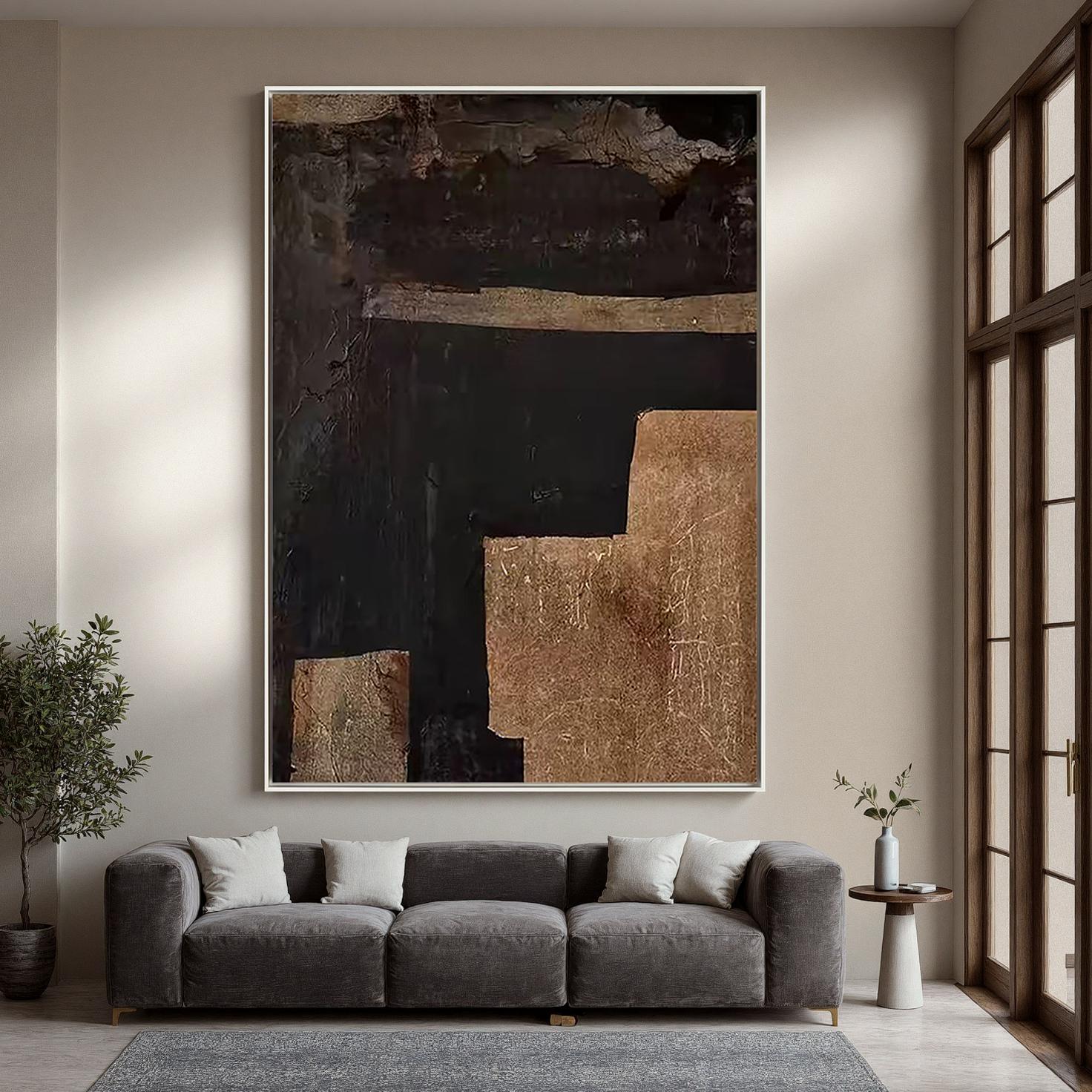 Time Fault Line – Wabi-Sabi Style Black-and-Gold Texture Painting | Modern Industrial-Style Hallway Art