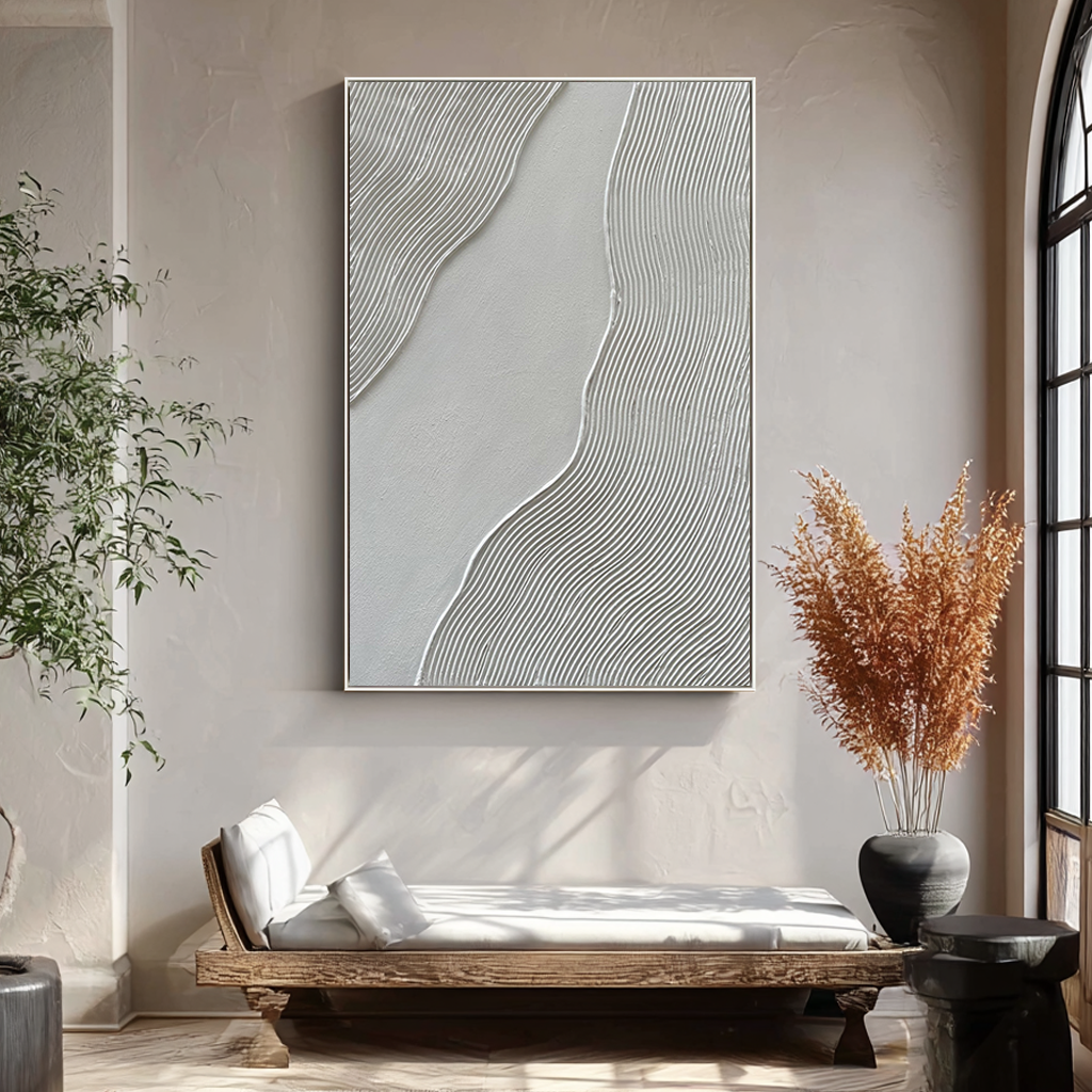 Silk Ripples – Modern White Linear Wave Relief Texture Painting | Contemporary Plaster Texture Living Room & Office Art