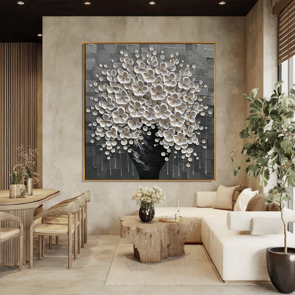 Silver Bloom – Luxury Monochrome Tree Relief Floral Painting | Minimalist Botanical Bedroom & Living Room Art