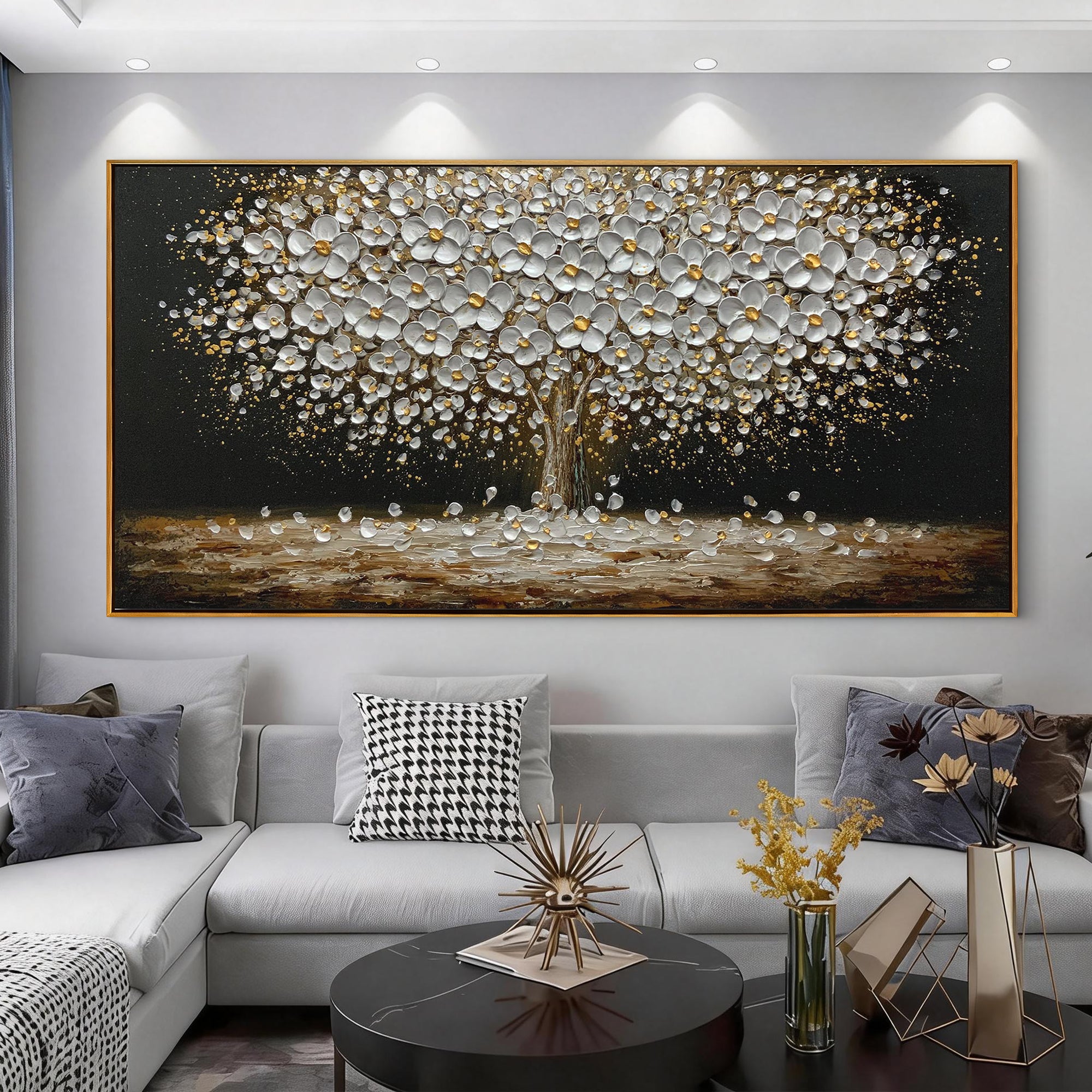 Golden Glow – Black and Gold Flower Tree Floral Painting | Modern Luxury Botanical Bedroom & Living Room Art