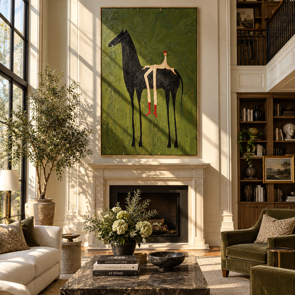 The Solitary Dreamer – Surrealistic Black Horse & Red Boots Painting | Modern Minimalist Living Room Art