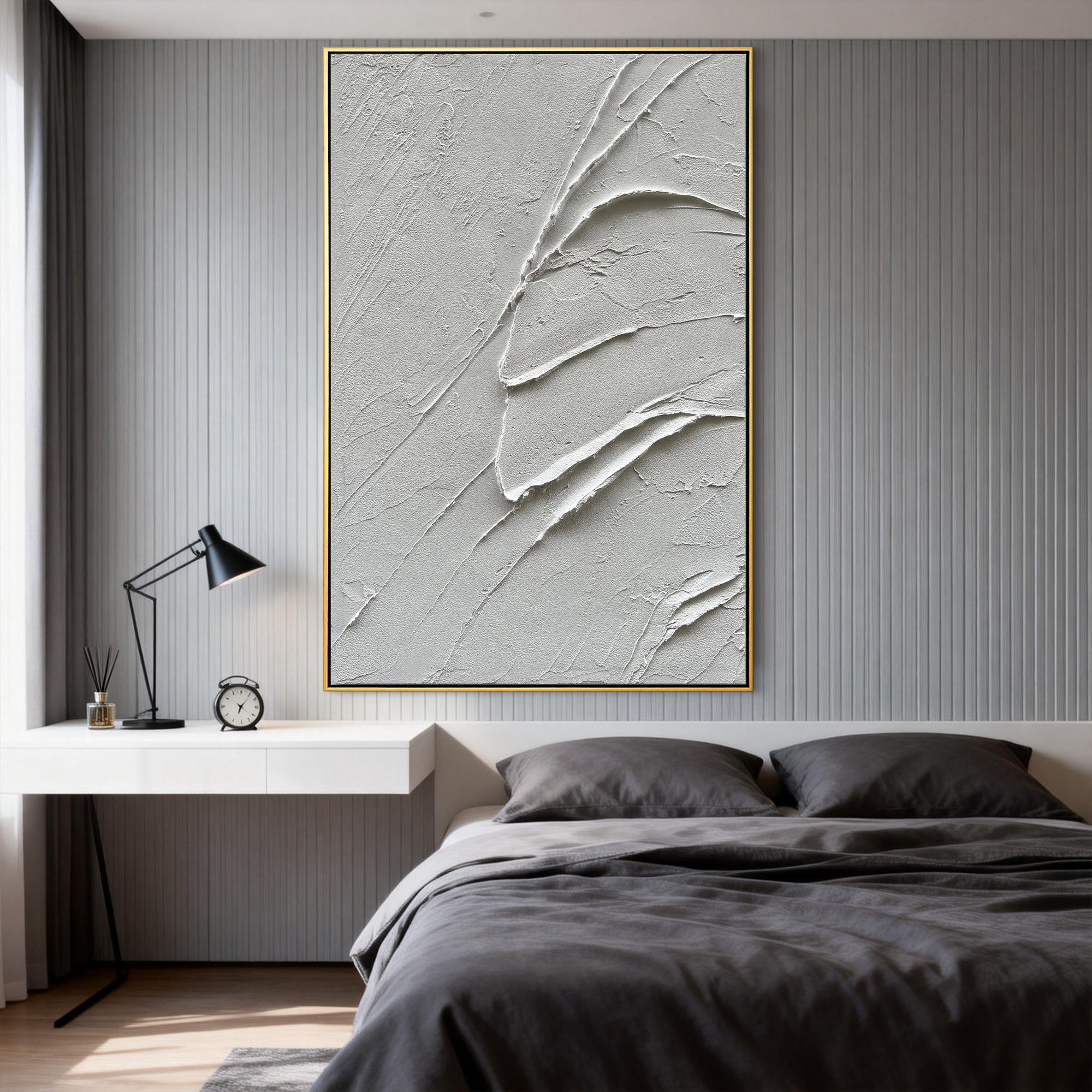 Fractured Calm – Modern White Abstract Relief Minimalist Painting | Modern Minimalist Bedroom & Home Office Art