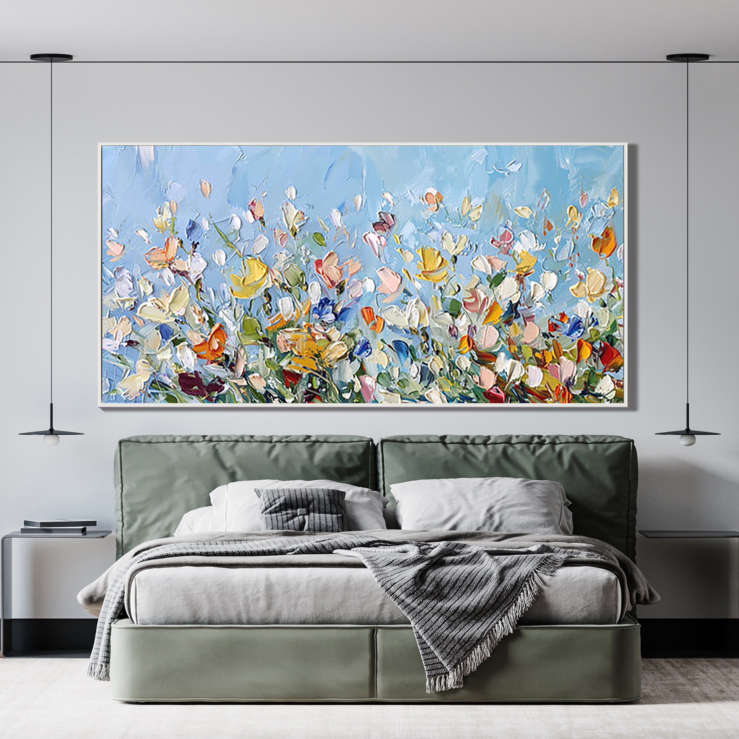 Azure Meadow – Hand-Painted Wildflower Field Impressionist Palette Knife Floral Painting | Contemporary Botanical Bedroom & Living Room Art