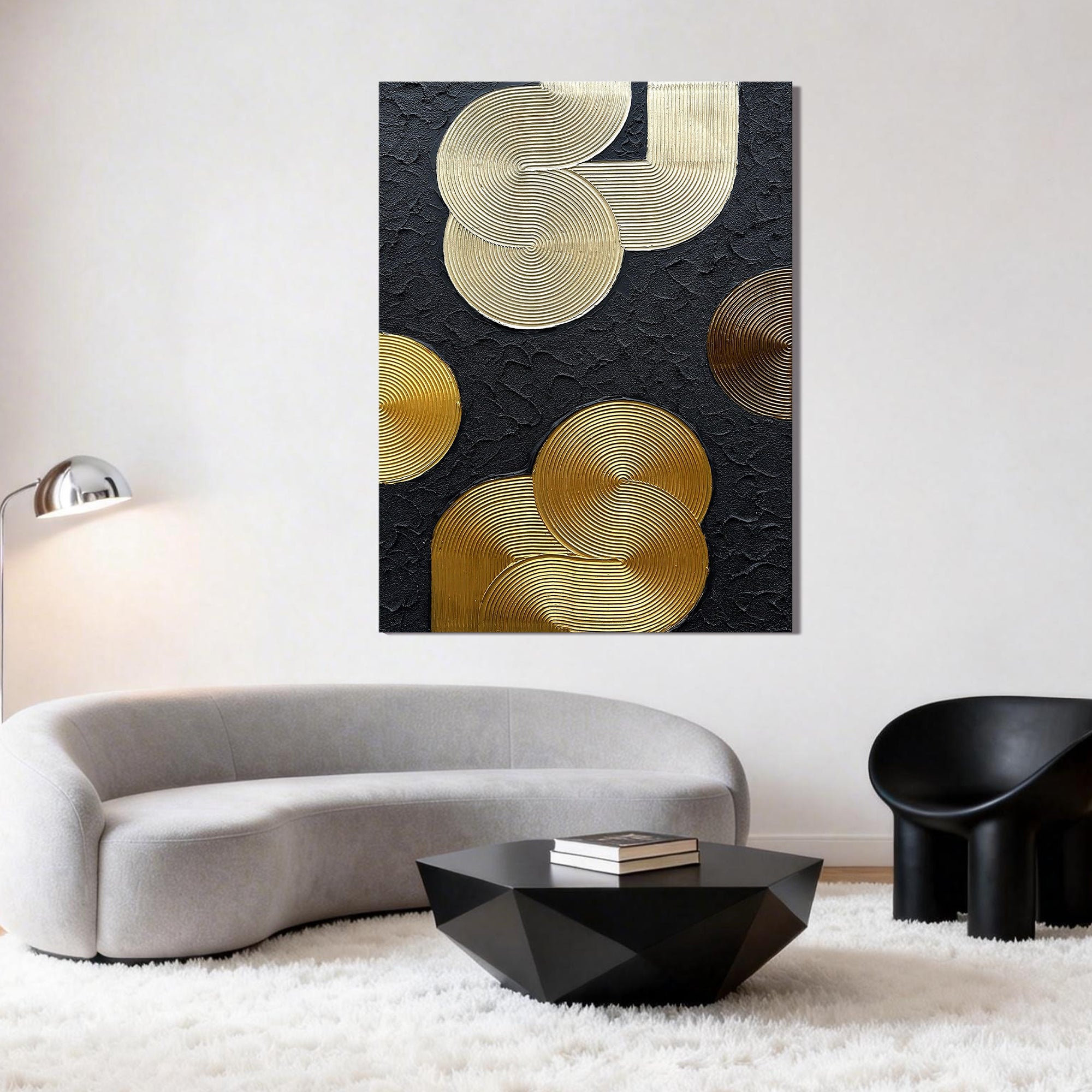 Metallic Orbit – Luxury Black & Gold 3D Linear Geometric Art | Modern High-End Living Room Art