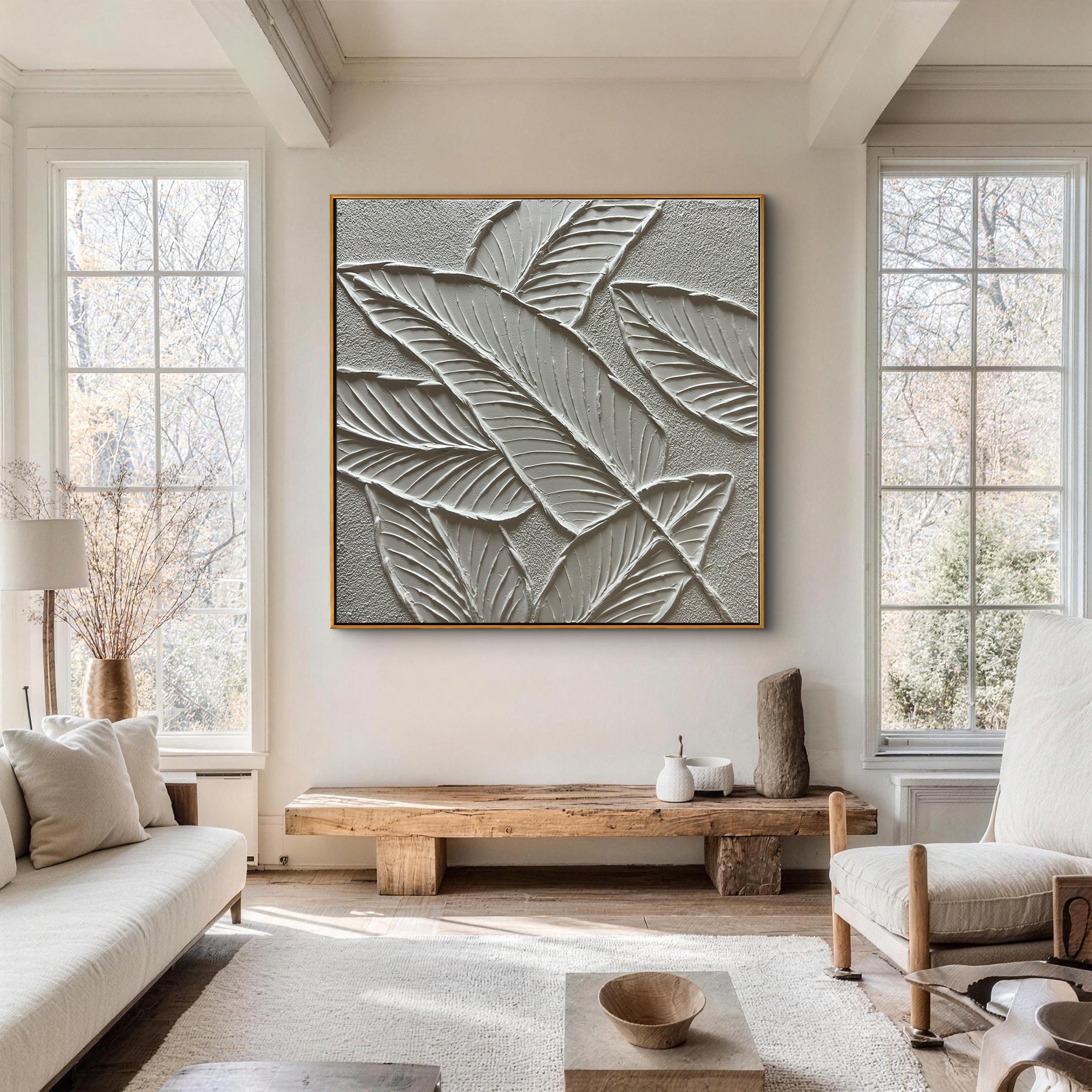 Tropical Repose – White Plaster Foliage Relief Texture Painting | Contemporary Botanical Bedroom & Living Room Art