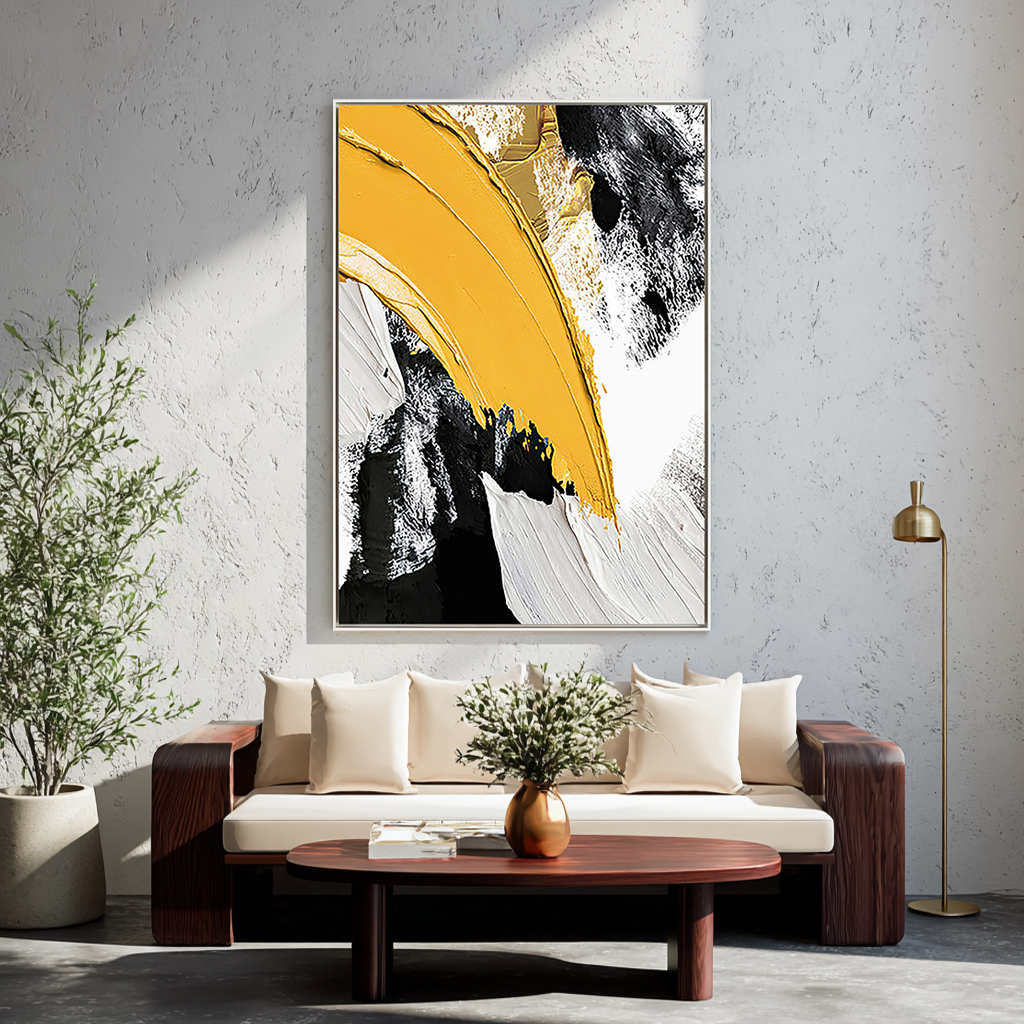 Amber Sweep – Bold Yellow & Black Palette Knife Minimalist Painting | Modern Minimalist Bedroom & Home Office Art