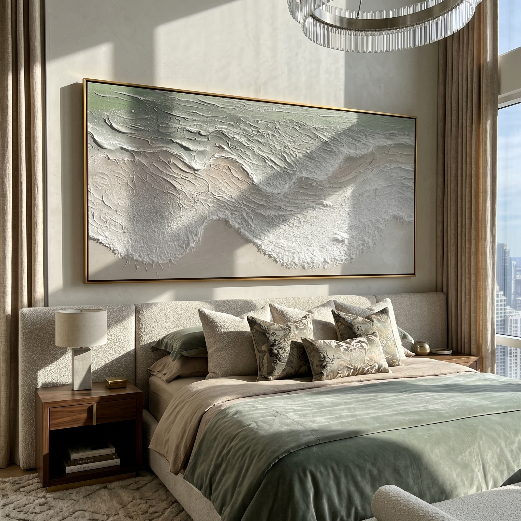 Serene Coastline – Modern Minimalist Ocean Wave Textured Art | Panoramic Coastal Living Room Art