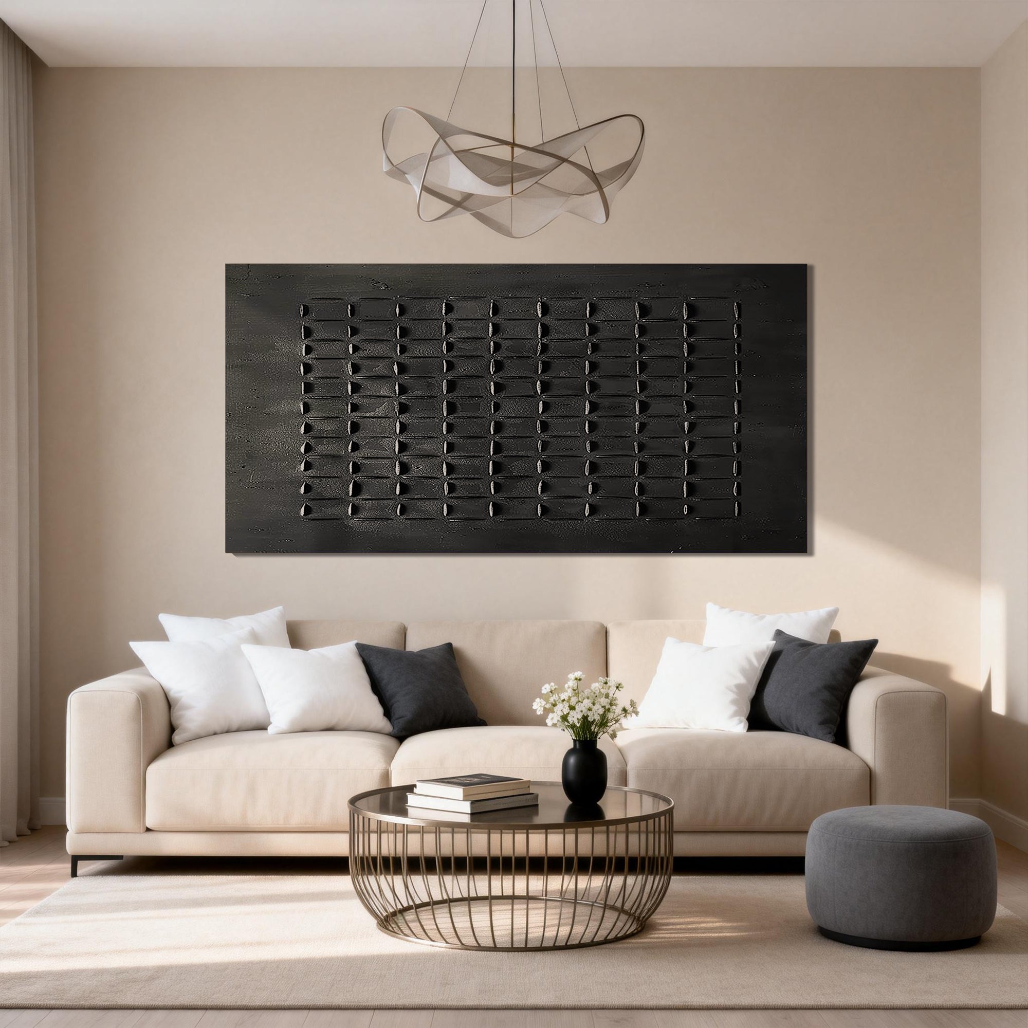 The Dark Matrix – All Black Minimalist 3D Textured Relief Art | Wabi-Sabi Horizontal Home Office Art