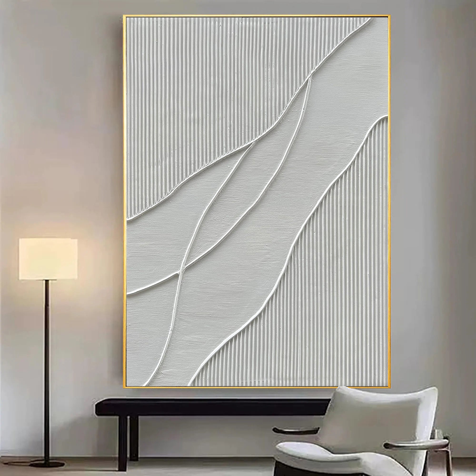 LINEAR SILENCE: Modern 3D Linear Plaster Wall Art, Minimalist Wave Relief Painting